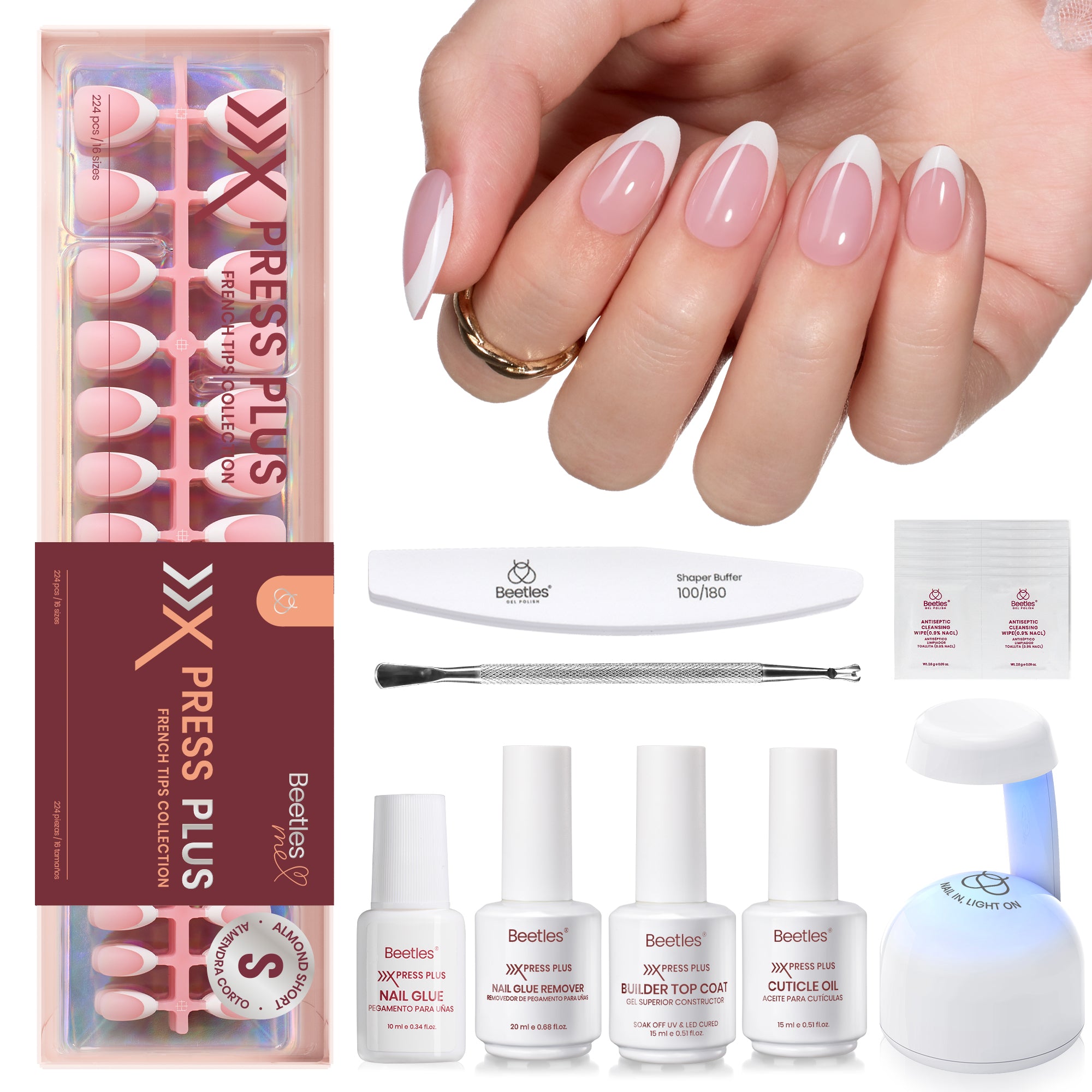 Beetles X Press Kit Gel Nail Kit, Press On Nails Almond Kit with 224Pcs French Nail Tips Nail Glue & Remover Builder Top Coat Mini Nail Lamp All-in-One DIY Nail Kit Gift for Women