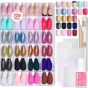 Beetles Press on Nails Kit 720Pcs 24 Colors, Press on Nails Short Squaval Glossy Matte Glitter with Nail Glue & Nail Tabs Stickers, Natural Fit Lightweight Fake Nails Kit Art for Women