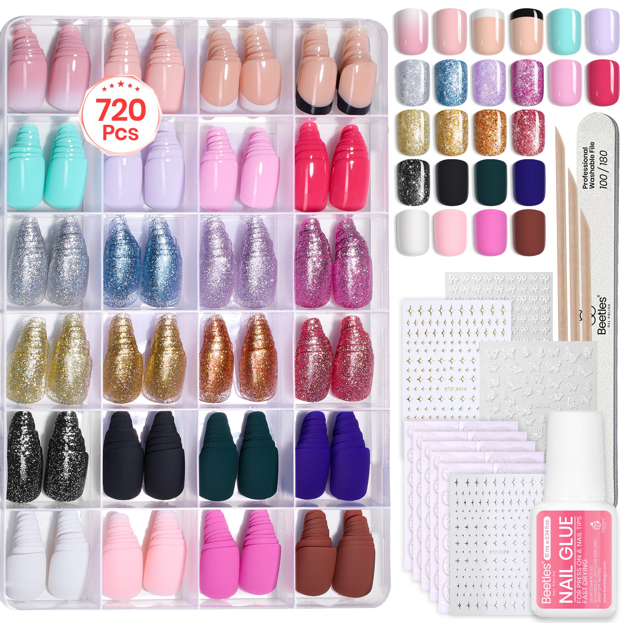 Beetles Press on Nails Kit 720Pcs 24 Colors, Press on Nails Short Squaval Glossy Matte Glitter with Nail Glue & Nail Tabs Stickers, Natural Fit Lightweight Fake Nails Kit Art for Women