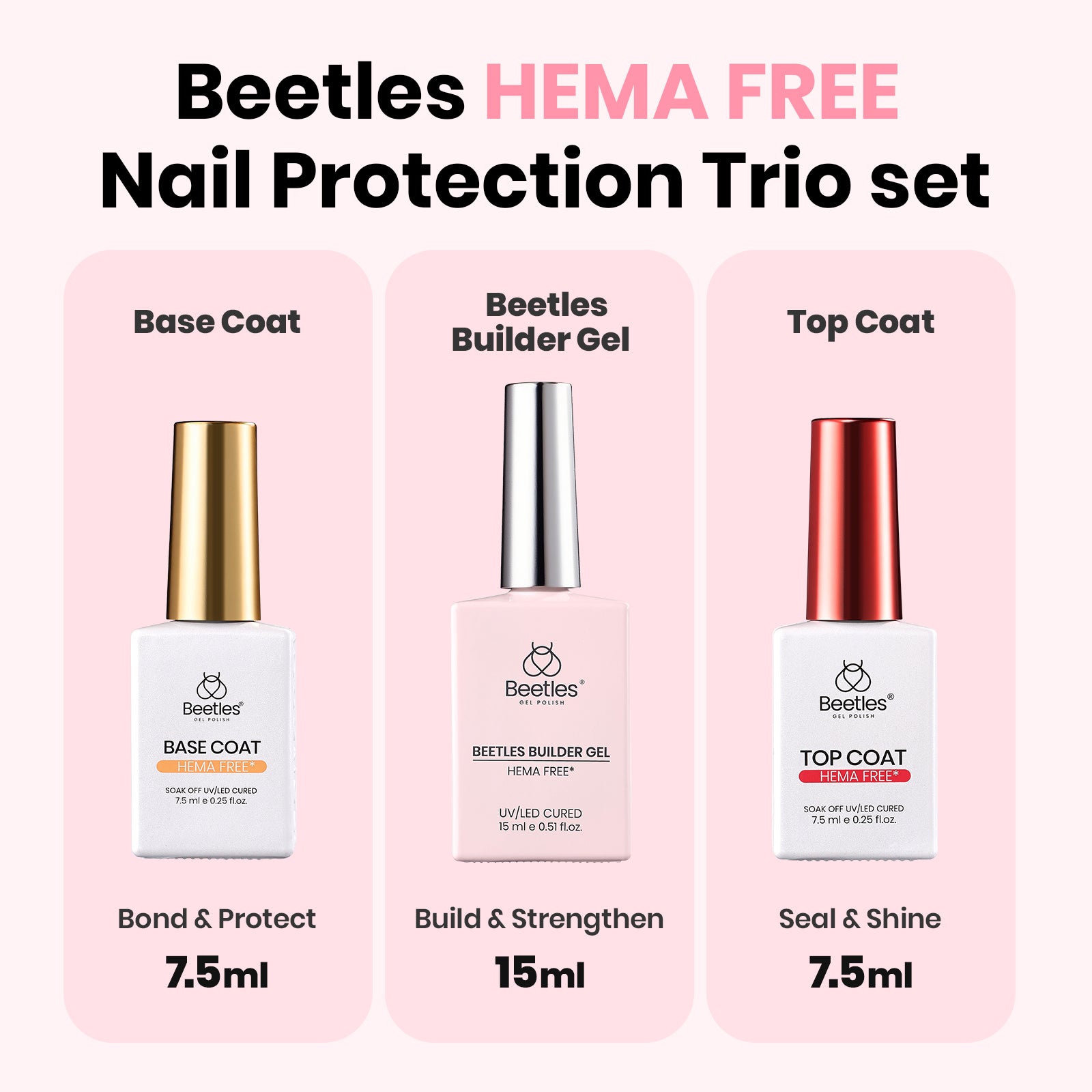Beetles Builder Gel HEMA-Free,Nail Protection Trio Set 3 Pcs 8 in 1 Nail Strengthening Apex Building Extension for Beginner DIY Salon at Home,Clear Gel Builder with Base & Top Coat,UV & LED Cured
