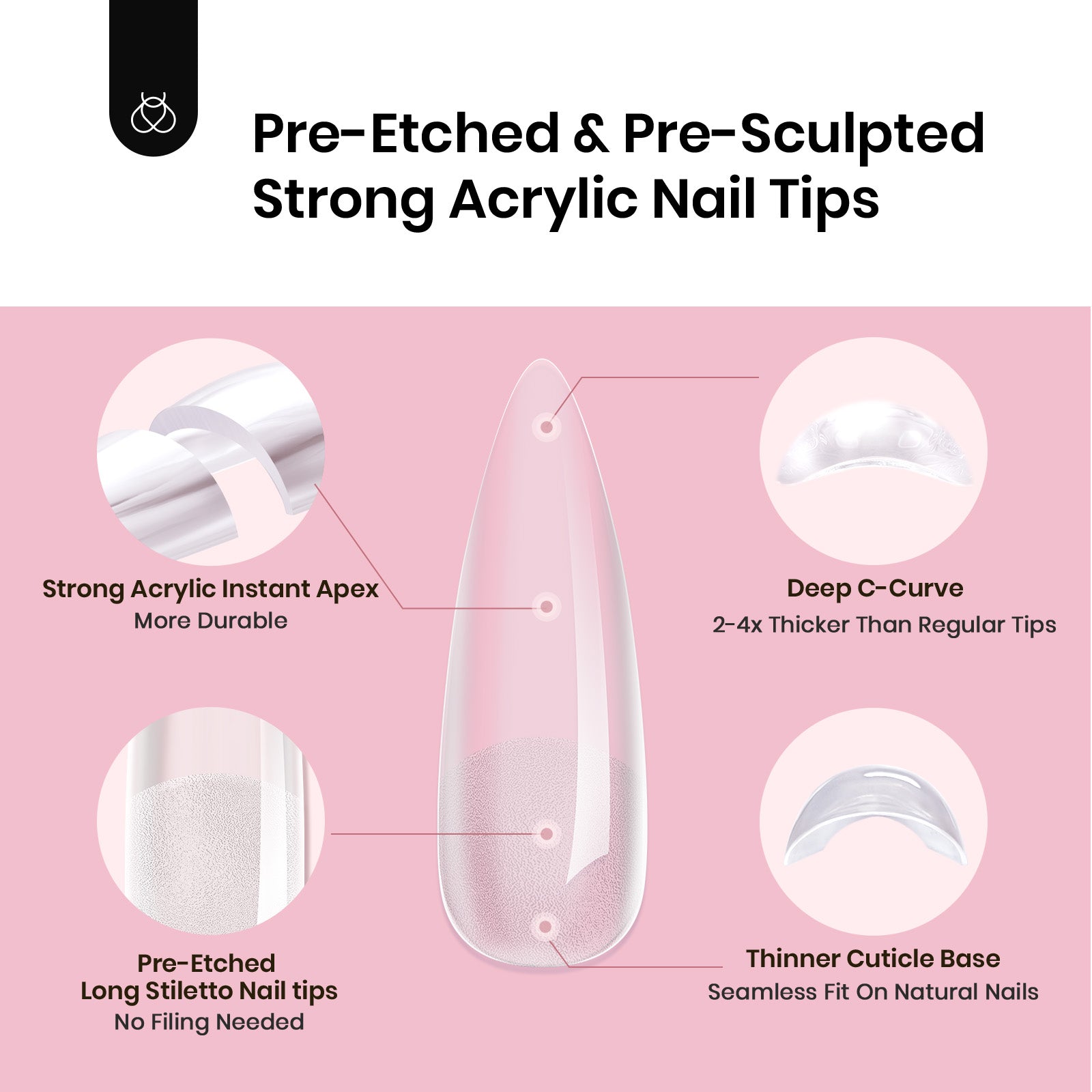 Beetles Pro Tipex Instant Apex Nail Tips, Long Stiletto 512pcs, Thicker Strong Acrylic Tips for DIY Salon-look Extensions