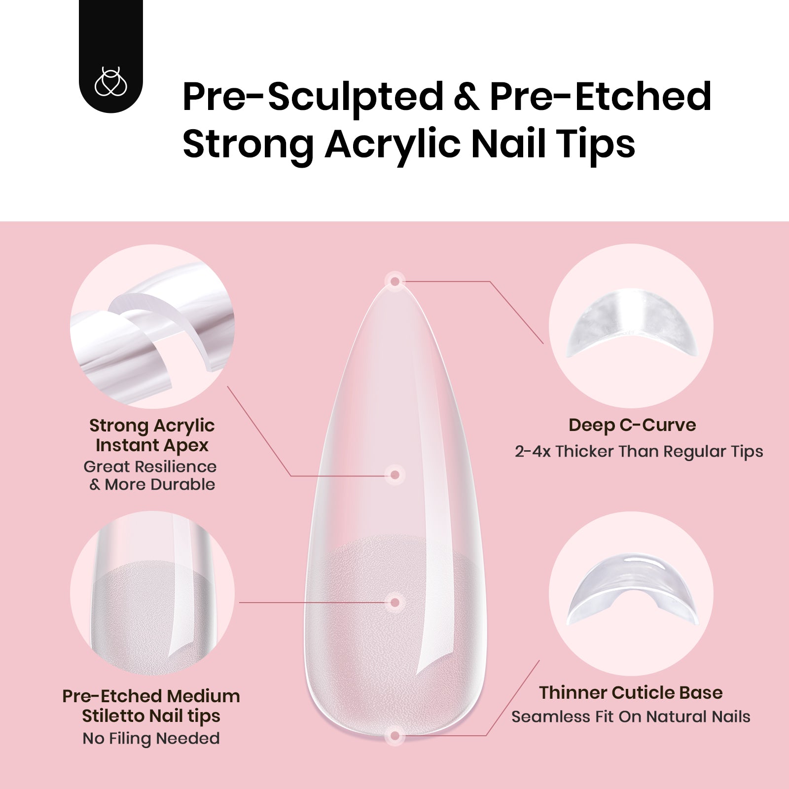Beetles Pro Tipex Instant Apex Nail Tips, Medium Stiletto 512pcs, Thicker Strong Acrylic Tips for DIY Salon-look Extensions