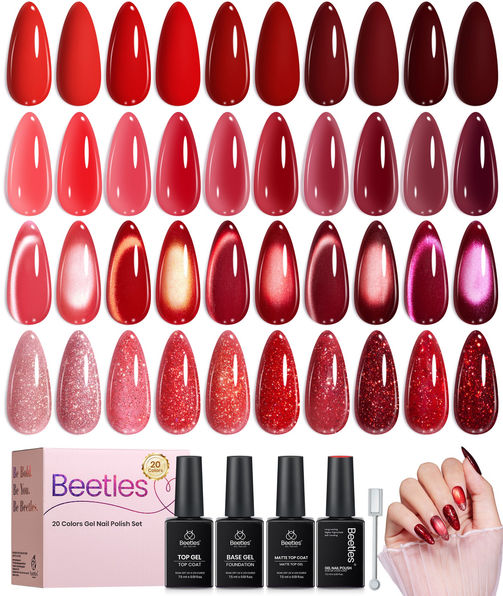 Beetles Burgundy Dream Red 20 Colors Gel Nail Polish Set Jelly Glitter Cat Eye Solid Color Halloween Nails 7.5ml Each