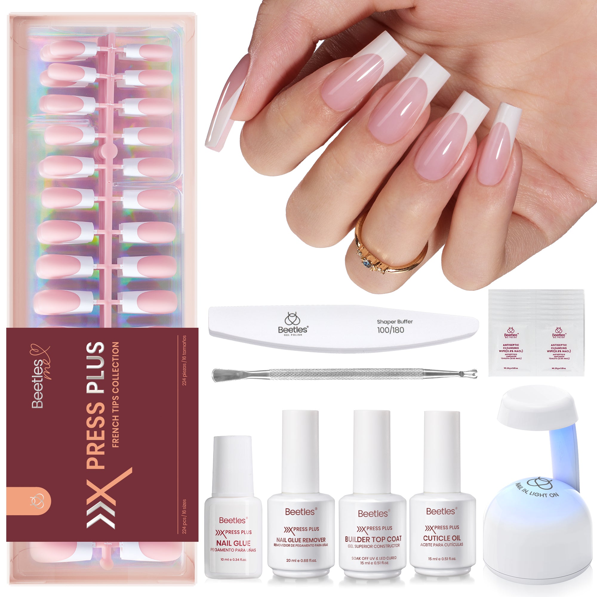 Beetles X Press Gel Nail Kit: Long Square French Tip Press On Nails Kit With 224Pcs Nail Tips Nail Glue & Builder Top Coat Mini UV Light, All-in-One DIY Designs Gift For Women At Home 16 Size
