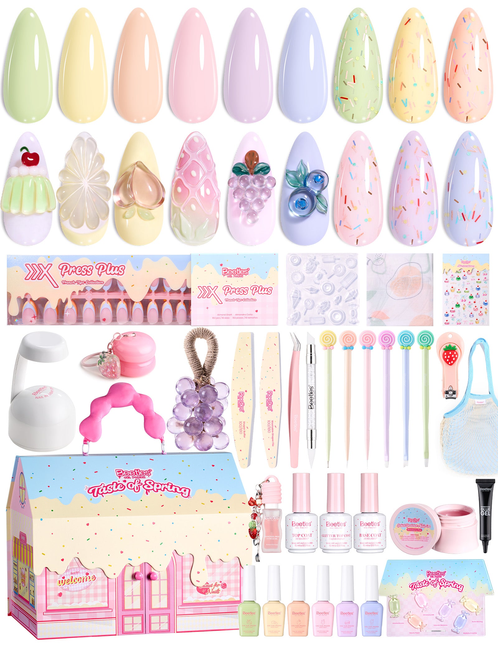 Beetles Stay Shining Taste of Spring HEMA Free TPO Free Spring Gel Polish Giftr Box 6 Colors Pastel Gel Polish Set with Base Top Coats Mini UV Lamp Press On Nails Tools, Complete DIY Manicure Set for Home Salon