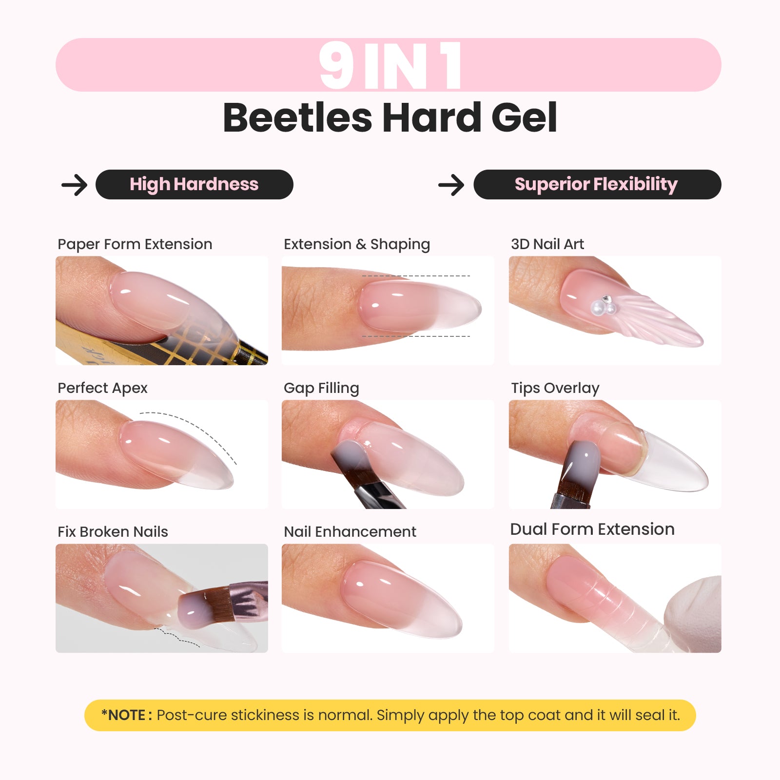 Beetles Builder Gel for Nails, 9 in 1 High Hardness Clear Jelly Glitter Sculpted Gel with Nail Forms Nail Tips Nail Glue Nail Pen Nail Scissors Top Base Coat Nail Extension Kit for Manicurist Women
