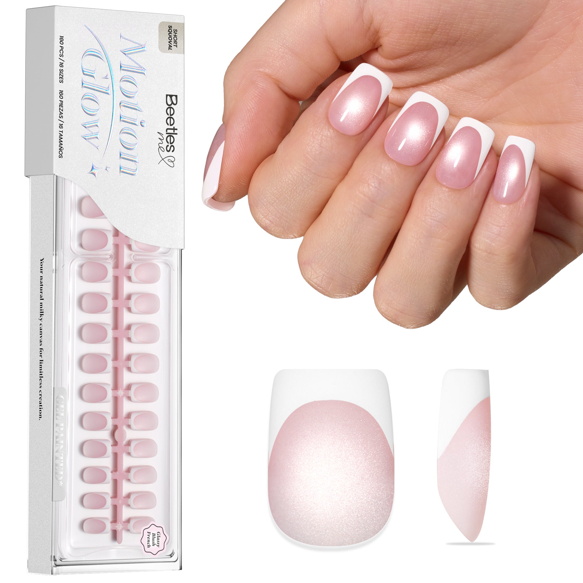 Beetles Stay Shining Glassy Blush French Press On Nails Short Squoval 160 PCS