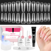 Beetles Gel Nail Kit Long Coffin with Nail Dehydrator and Primer, 576Pcs Half Matte Etch-X Gel Nail Tips Solid Nail Glue Mini Nail Lamp Acrylic Nail Tips Easy DIY Nail Extension Set Gift for Women