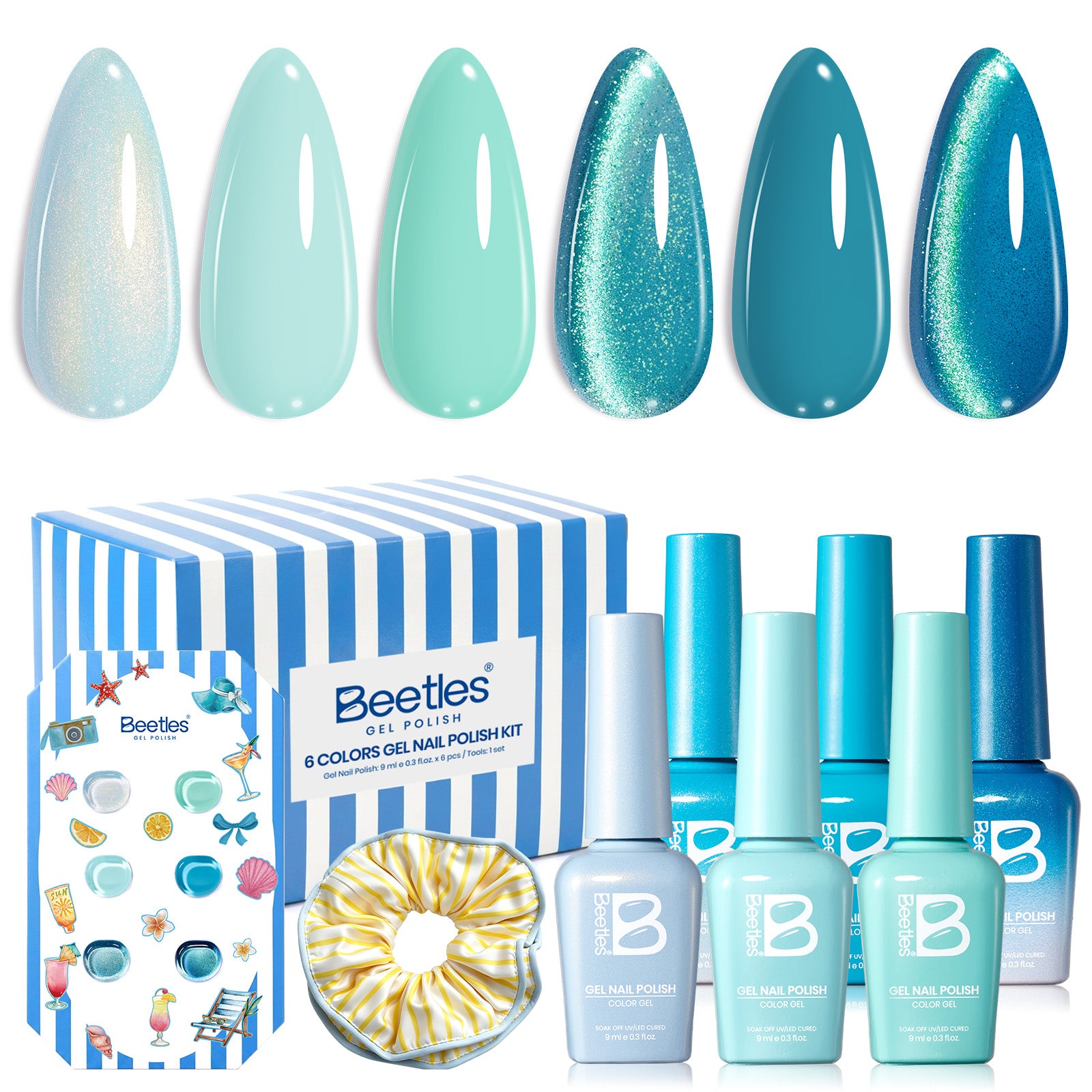 Beetles Summer Voyage - Shore Light Blue Cat Eye Gel Summer Nails 6 Colors Gel Polish Set 9ml