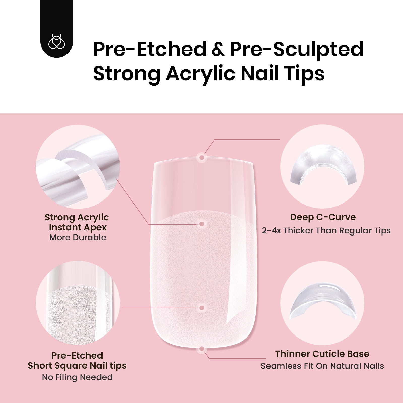 Beetles Pro Tipex Instant Apex Nail Tips, Short Square 512pcs, Thicker Strong Acrylic Tips for DIY Salon-look Extensions