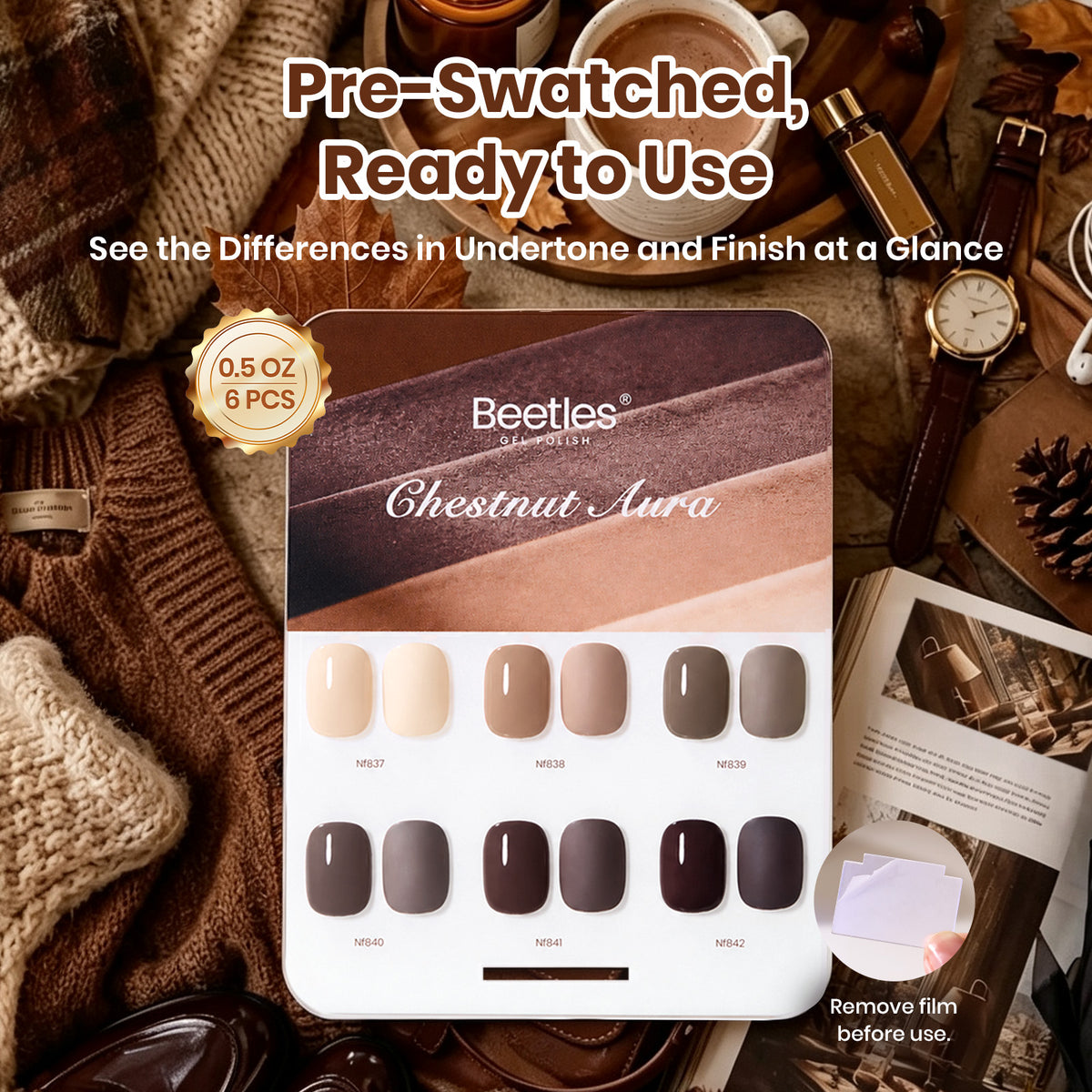 Beetles Chestnut Aura 6 Colors  Nude Brown Gel Polish Set HEMA-FREE & TPO-FREE Fall Winter Nails 15ML Each