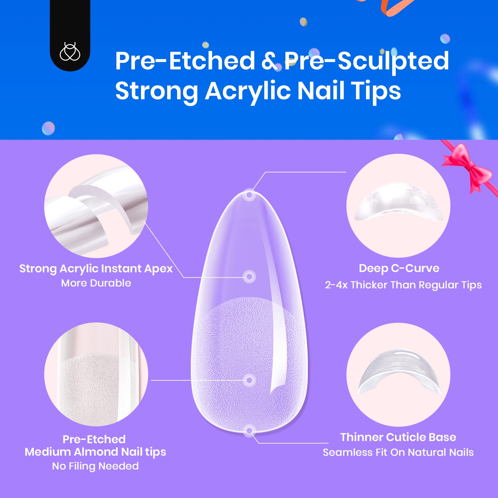 Beetles Pro Tipex Instant Apex Nail Tips, Medium Almond 512pcs, Thicker Strong Acrylic Tips for DIY Salon-look Extensions