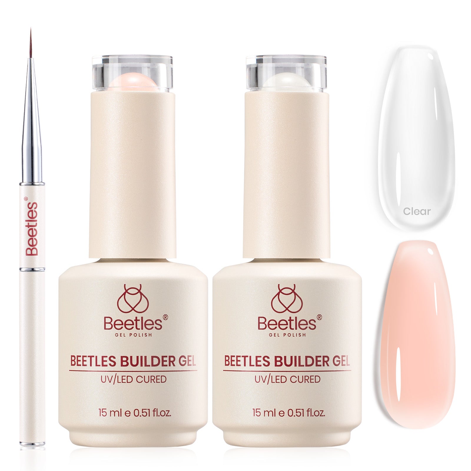 Beetles Builder Gel Nail Kit-Silken Petal 2 Pcs 8 in 1 Nail Thickening Strengthening Building Apex for Beginner DIY Salon at Home,UV Clear & Jelly Nude Builder Gels with Nail Brush,New Bottle