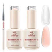 Beetles Builder Gel Nail Kit-Silken Petal 2 Pcs 8 in 1 Nail Thickening Strengthening Building Apex for Beginner DIY Salon at Home,UV Clear & Jelly Nude Builder Gels with Nail Brush,New Bottle