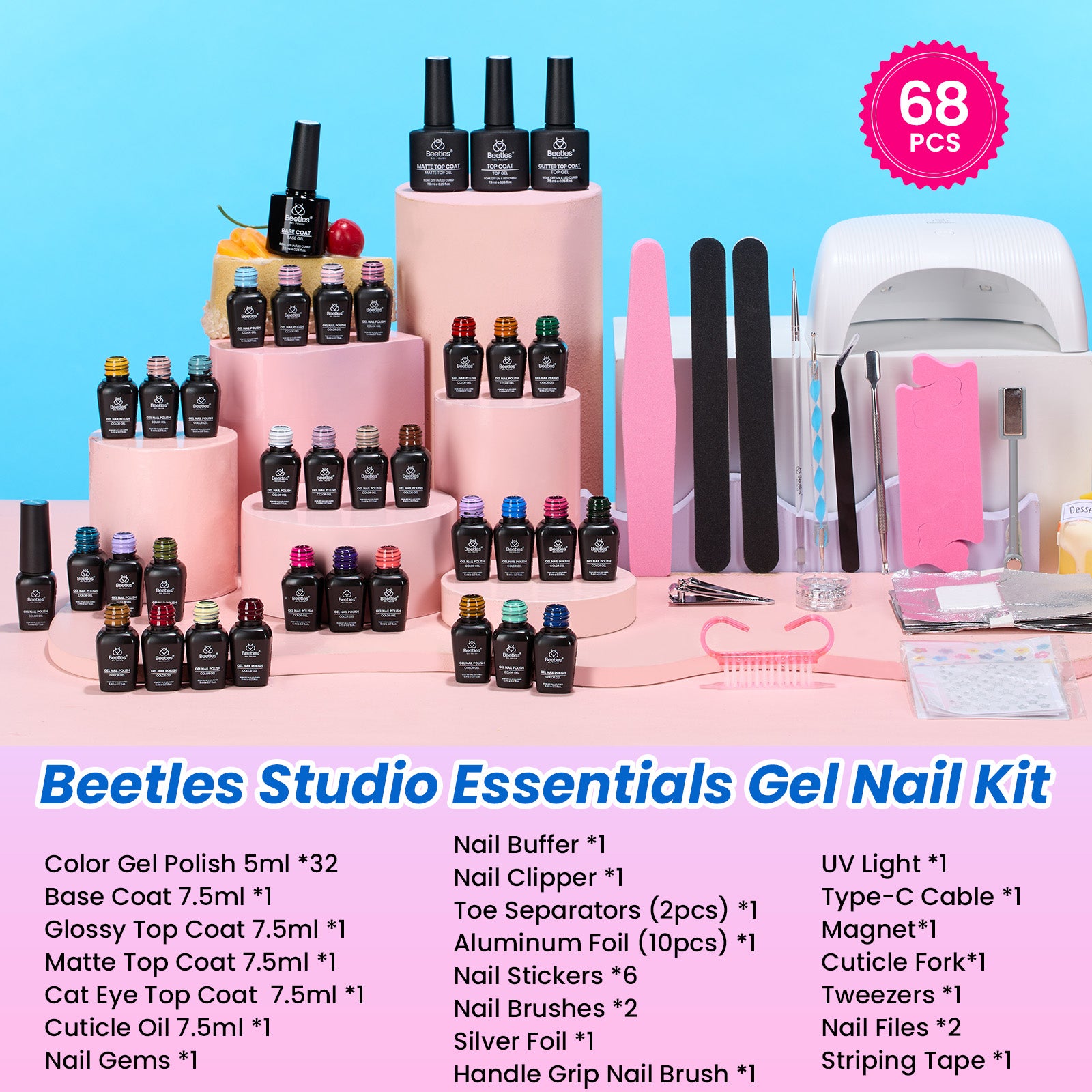 Beetles Gel Nail Starter Kit Studio Essentials TPO & HEMA Free 32 Colors 68 Pcs All-in-One Mani Kit