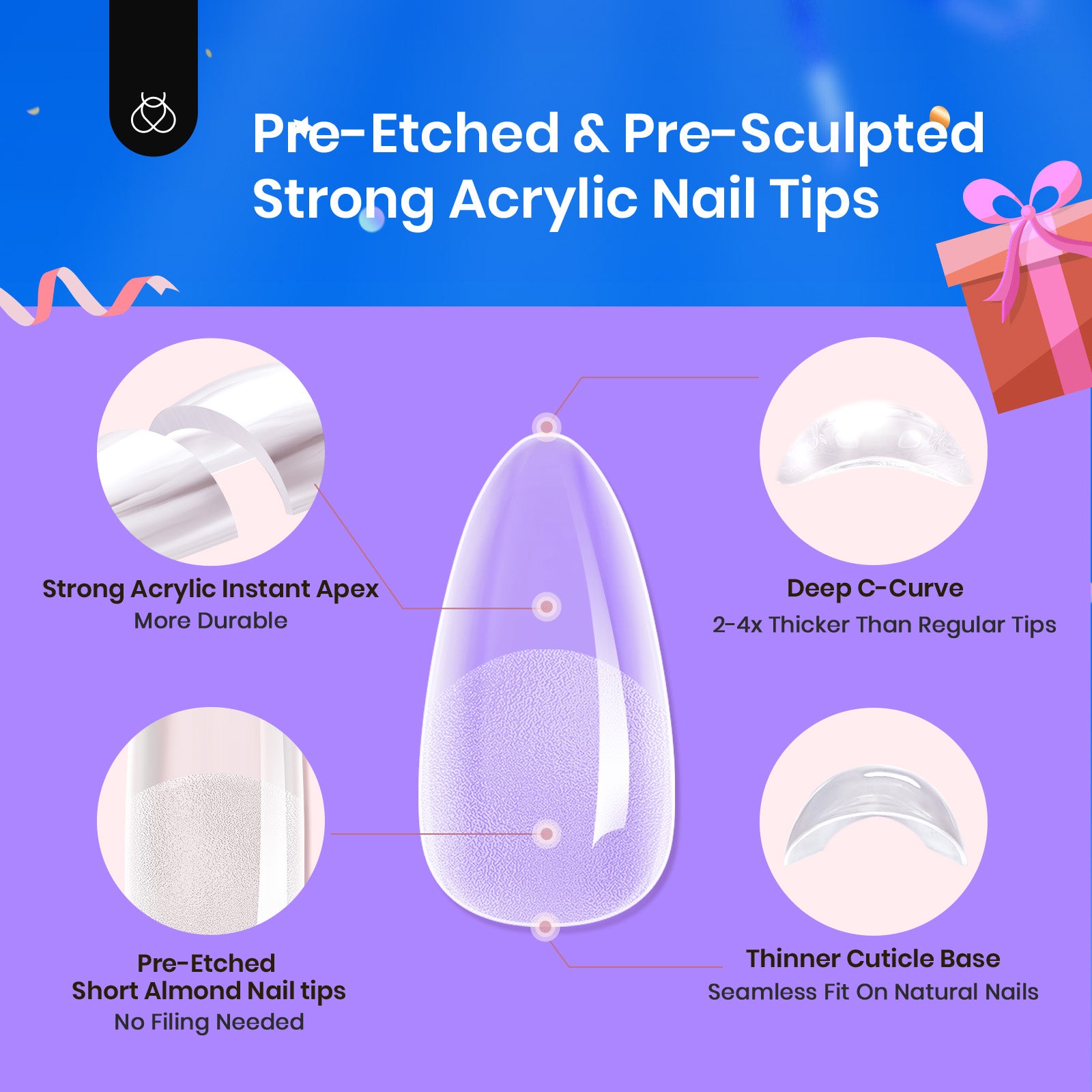 Beetles Pro Tipex Instant Apex Nail Tips, Short Almond 512pcs, Thicker Strong Acrylic Tips for DIY Salon-look Extensions