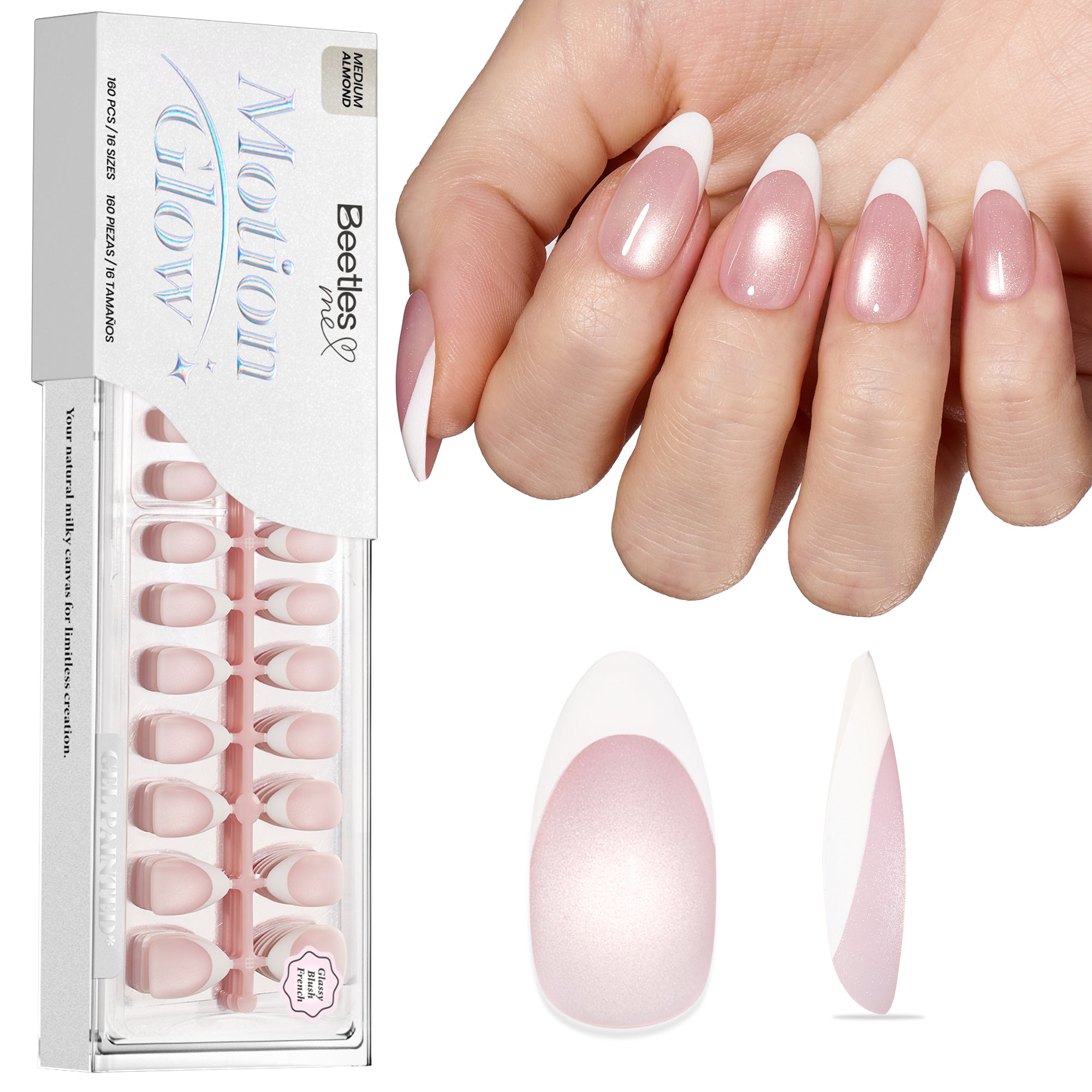 Beetles Stay Shining Glassy Blush French Press On Nails Medium Almond 160 PCS