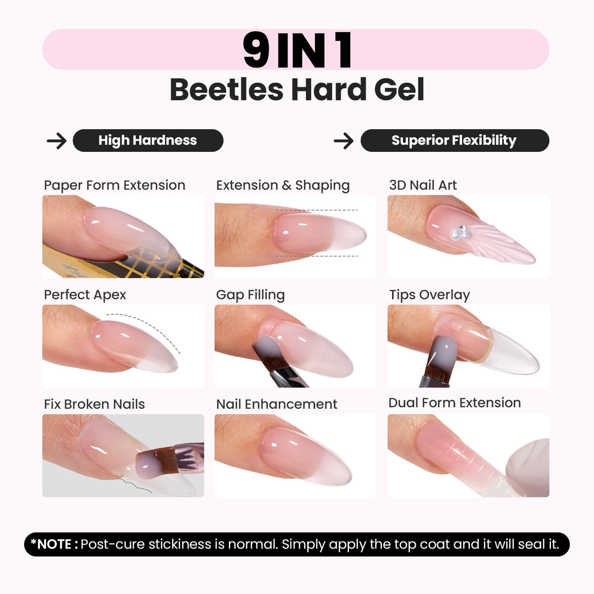Beetles Hard Gel HEMA-Free, 1 oz 9 in 1 Clear Builder Nails Gel High Hardness for Nail Extension Sculpting Building Instant Apex for Pros, UV & LED Lamp Needed, Dewy Breeze