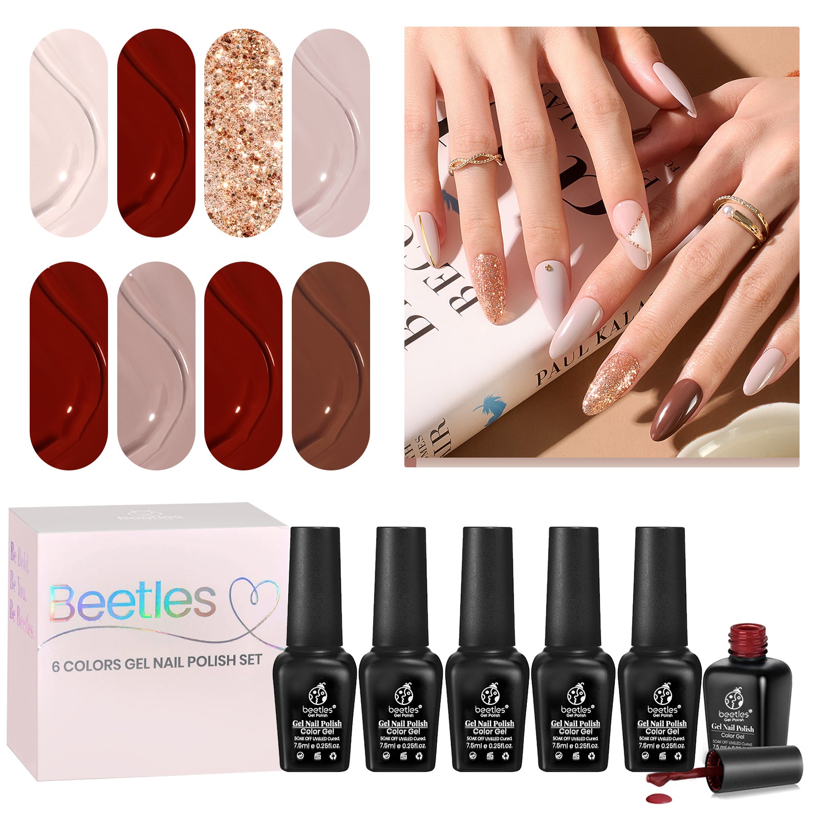 Beetles Gel Polish 6 Different Red & Latte Like Colors Series Gel Nail Polish Set, Glitter Fall Autumn Winter Spring Summer Social Occasions Gel Nail Polish Kit Gift for Holiday