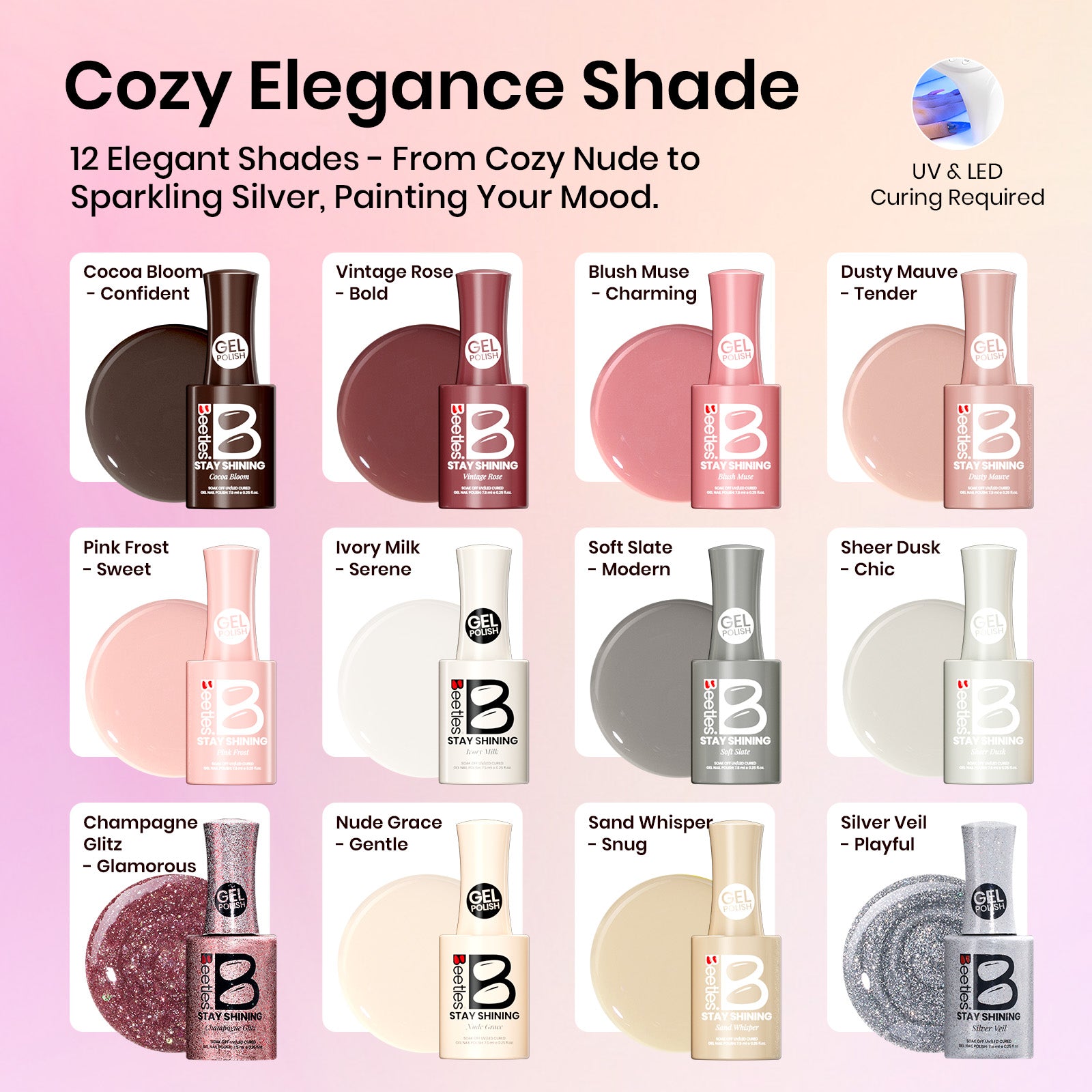Beetles Stay Shining Cozy Elegance HEMA-FREE TPO FREE Gel Nail Kit with UV Light DIY Salon-Quality at Home