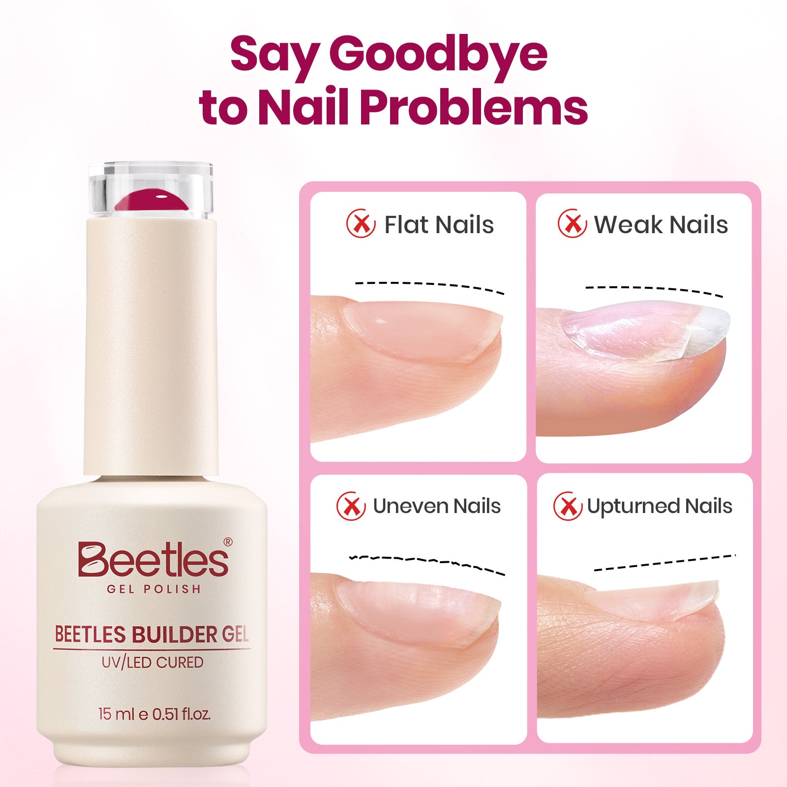 Beetles Builder Gel Nail Kit HEMA & TPO-Free, Rose Fuchsia Magenta with Nail Art Brush, 8 in 1 for Building Strengthening & Extension, Beginner Friendly DIY Salon at Home, UV LED Lamp Needed