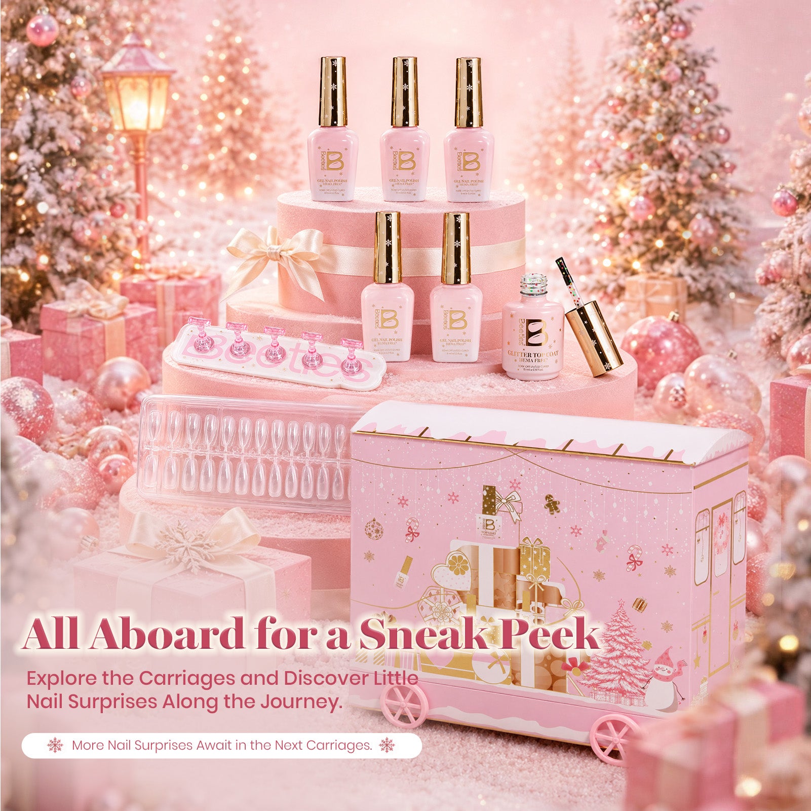 Exclusive Launch | Beetles Christmas Miracle Express 8 Colors 58PCS HEMA Free TPO Free 2026 Advent Calendar Nail Gift Box