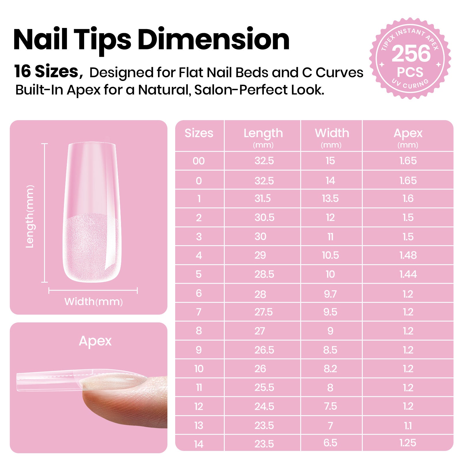 Beetles Stay Shinning Tipex Lite Instant Apex Nail Tips, Long Square, 256pcs 16 Sizes for DIY Salon-look Extensions