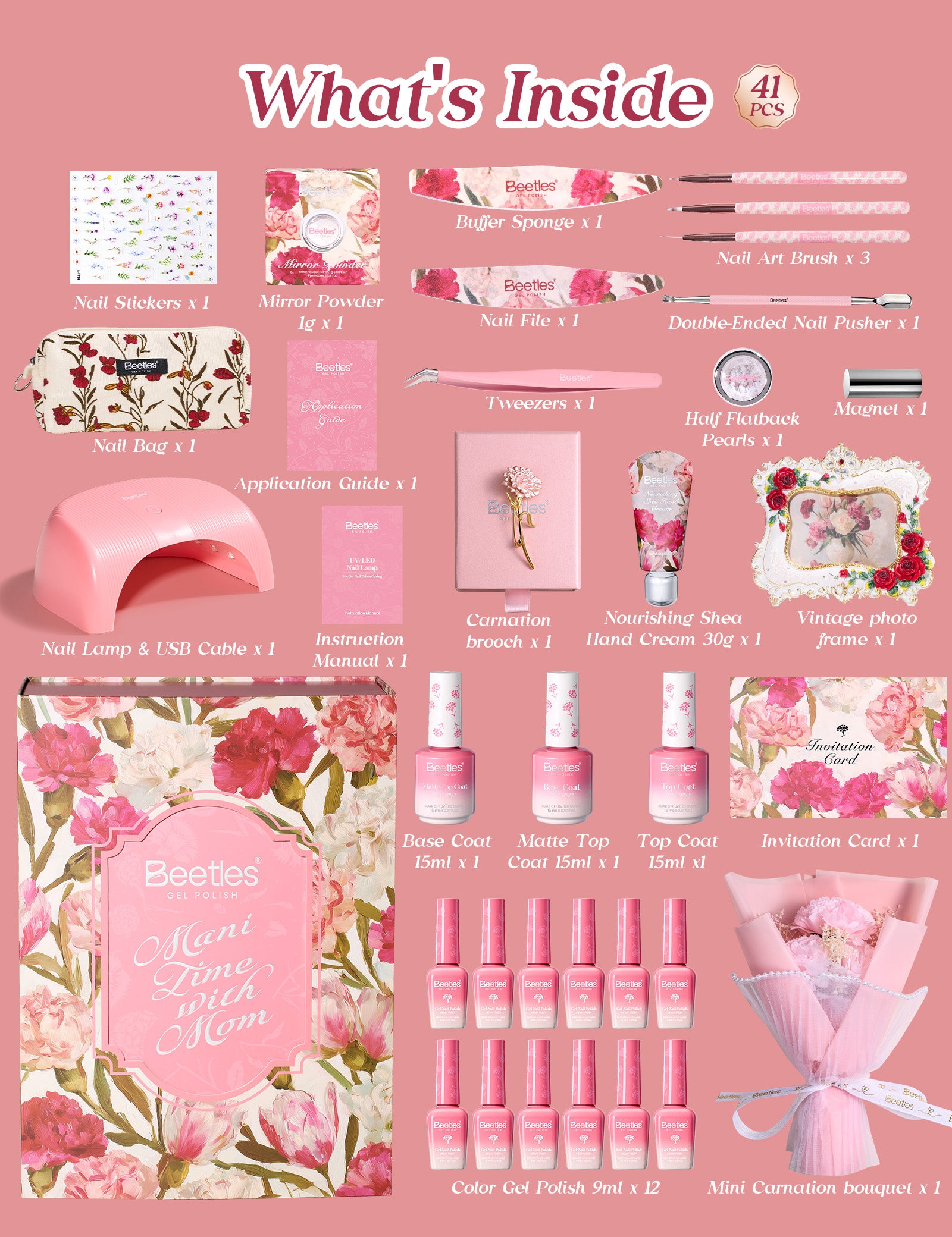 (Extra Free Nail Tips) Beetles Mani Time with Mom Birthday Gift Box | 12-Color HEMA-Free & TPO-Free Manicure Kit