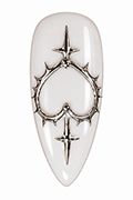 Apply a layer of chrome-proof matte top coat and cure for 30 seconds. Use 3D sculpting gel to draw a heart and slim flame, thorn, or halo lines around it. Extend a few lines downward to create the dramatic sacred-heart shape seen in the finished design. Then cure under the lamp for 60 seconds. Rub silver chrome powder onto the 3D gel using a sponge applicator or your finger, then clean the nail surface with a nail brush.