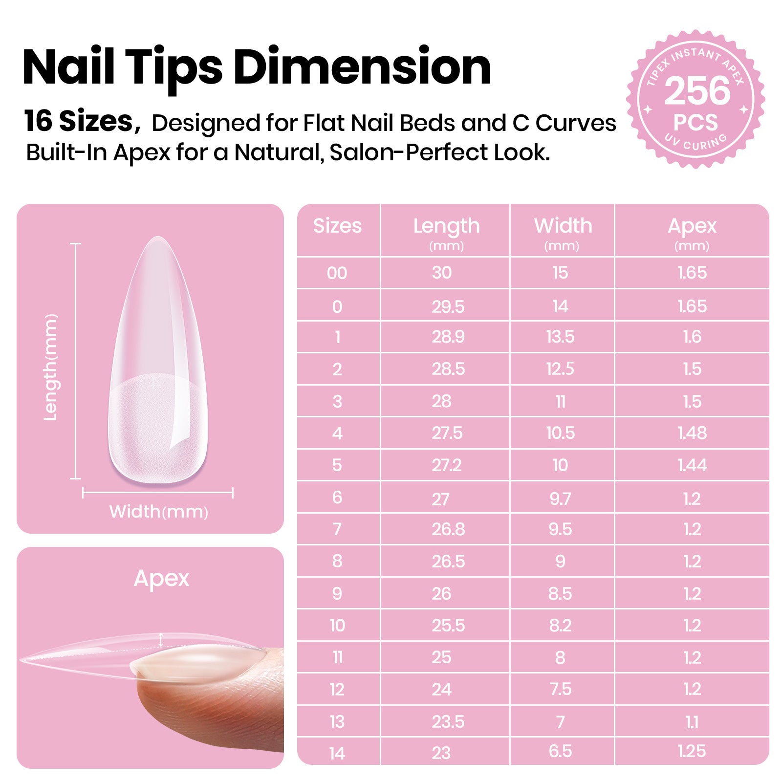 Beetles Stay Shinning Tipex Lite Instant Apex Nail Tips, Medium Stiletto, 256pcs 16 Sizes for DIY Salon-look Extensions