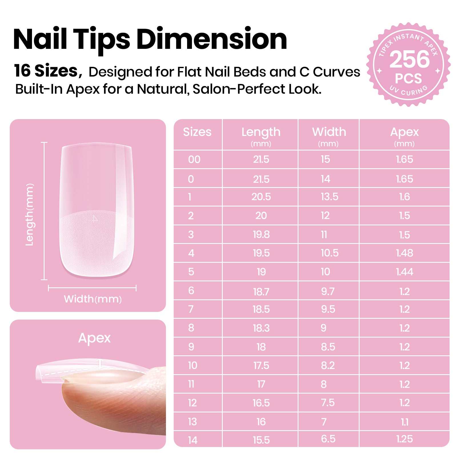Beetles Stay Shinning Tipex Lite Instant Apex Nail Tips, Short Square, 256pcs 16 Sizes for DIY Salon-look Extensions
