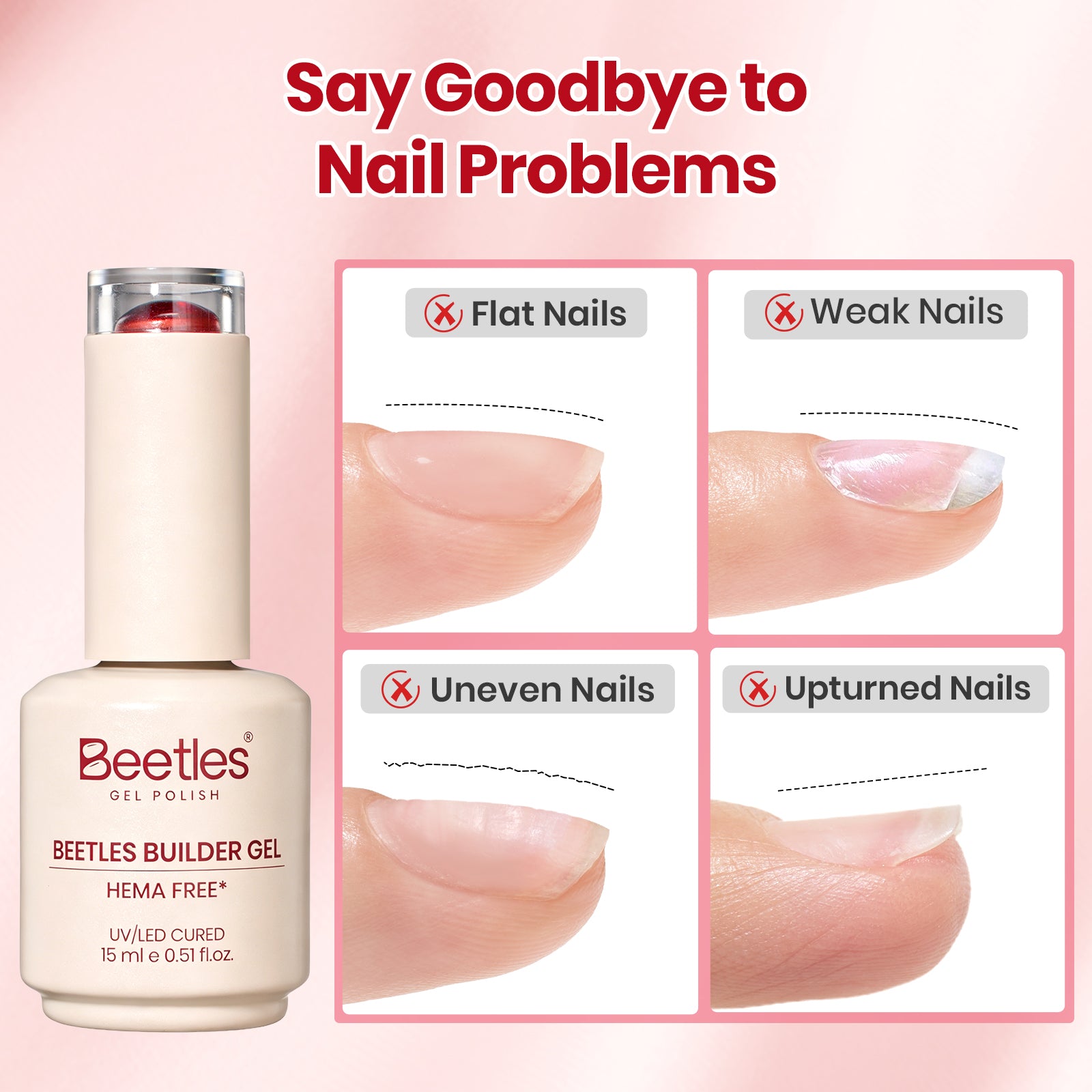 Beetles Builder Gel Nail Kit HEMA & TPO-Free, Crystal Rose Red with Nail Art Brush, 8 in 1 for Building Strengthening & Extension, Beginner Friendly DIY Salon at Home, UV LED Lamp Needed
