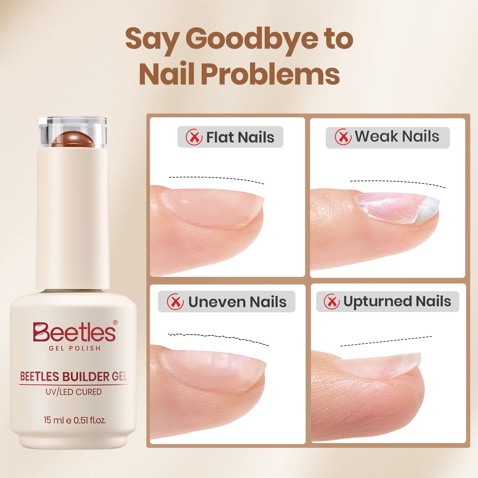 Beetles Builder Gel Nail Kit HEMA & TPO-Free, Maple Ember Brown with Nail Art Brush, 8 in 1 for Building Strengthening & Extension, Beginner Friendly DIY Salon at Home, UV LED Lamp Needed