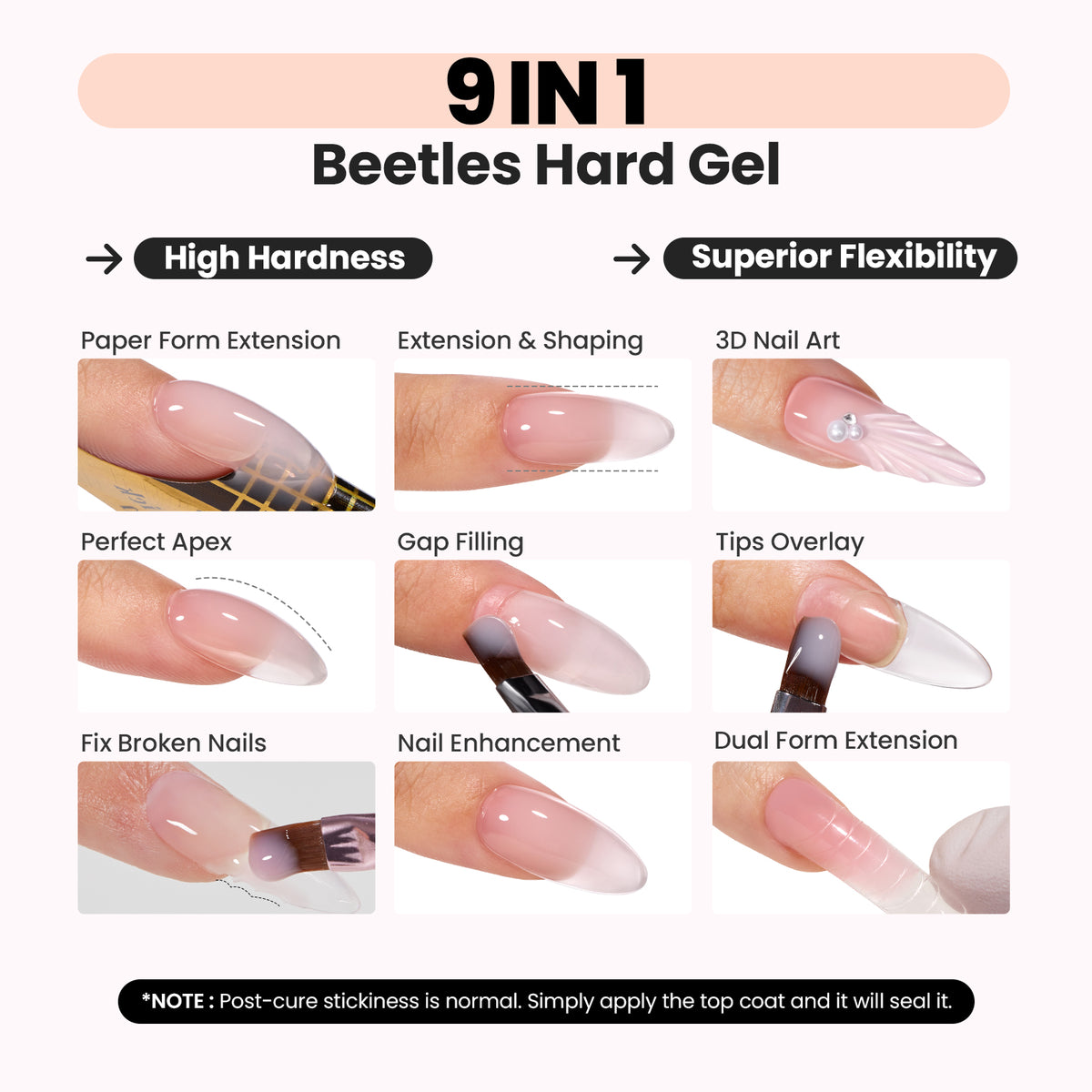 Beetles Hard Gel for Nails HEMA-Free, 1.06 oz 9 in 1 Nude Building Gel for Extension Sculpting & Strengthen, High Hardness Nails for Manicurist Women, UV LED Lamp Cured