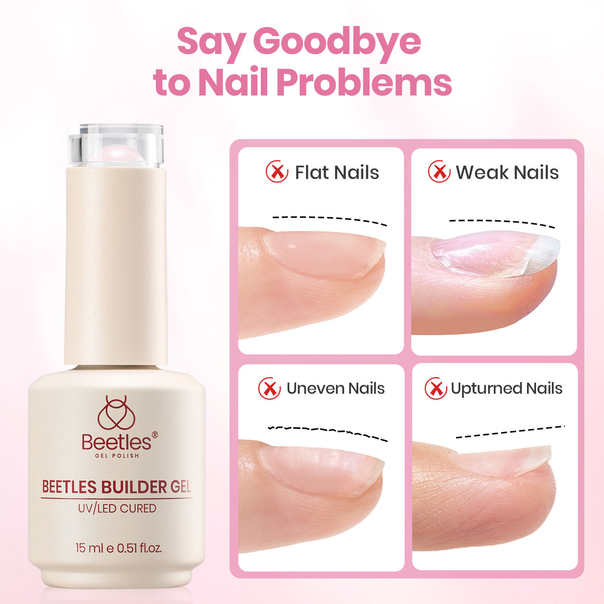 Beetles Pink Builder Nail Gel Kit, 8 in 1 HEMA & TPO-Free & Nail Art Brush | for Building Strengthening & Extension, Beginner Friendly DIY Salon at Home, UV LED Lamp Needed, Petal Sheer
