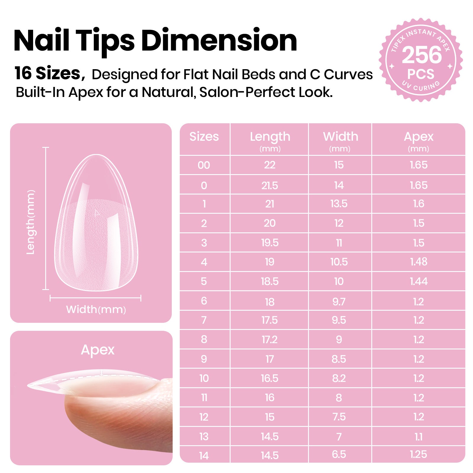 Beetles Stay Shinning Tipex Lite Instant Apex Nail Tips, Short Almond, 256pcs 16 Sizes for DIY Salon-look Extensions
