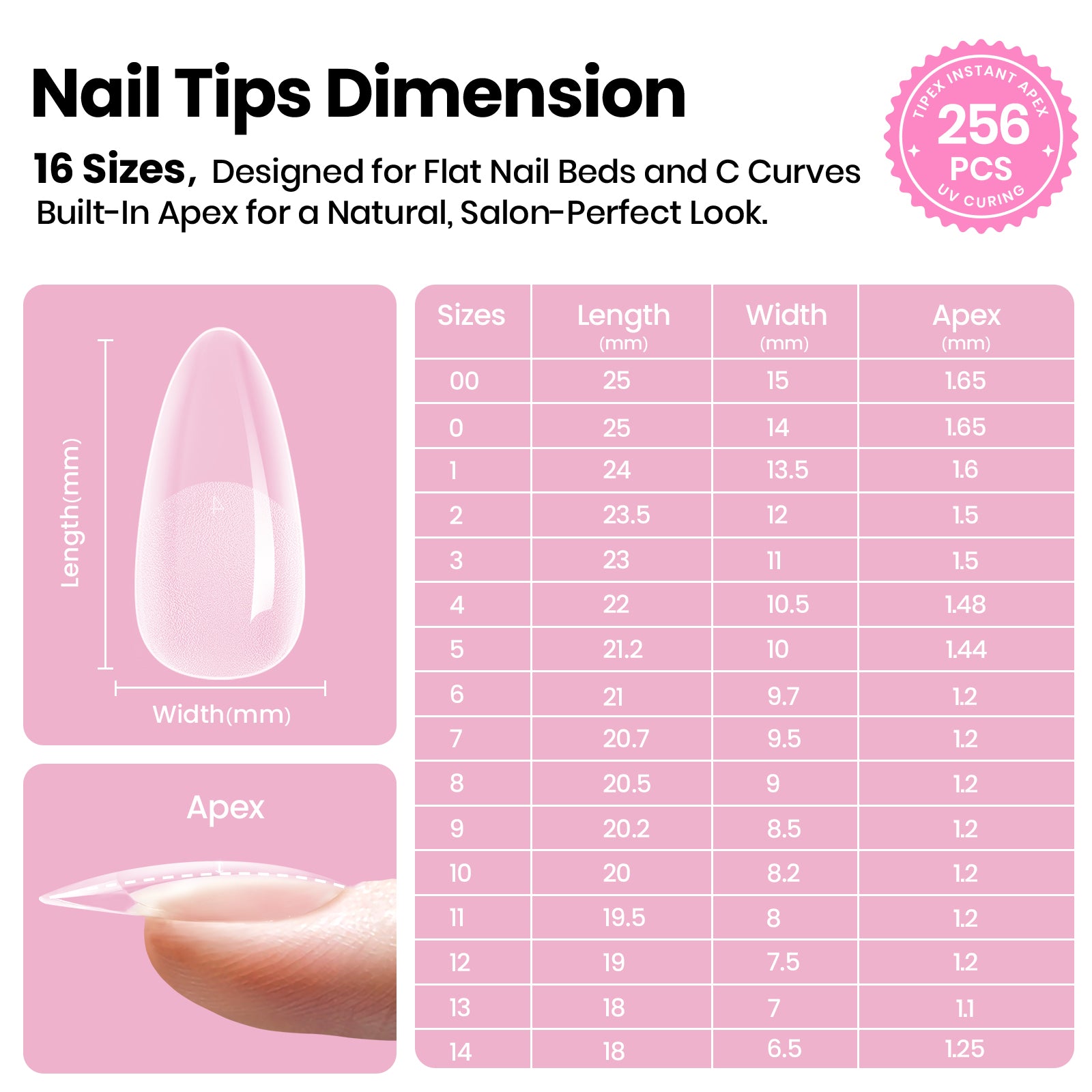 Beetles Stay Shinning Tipex Lite Instant Apex Nail Tips, Medium Almond, 256pcs 16 Sizes for DIY Salon-look Extensions
