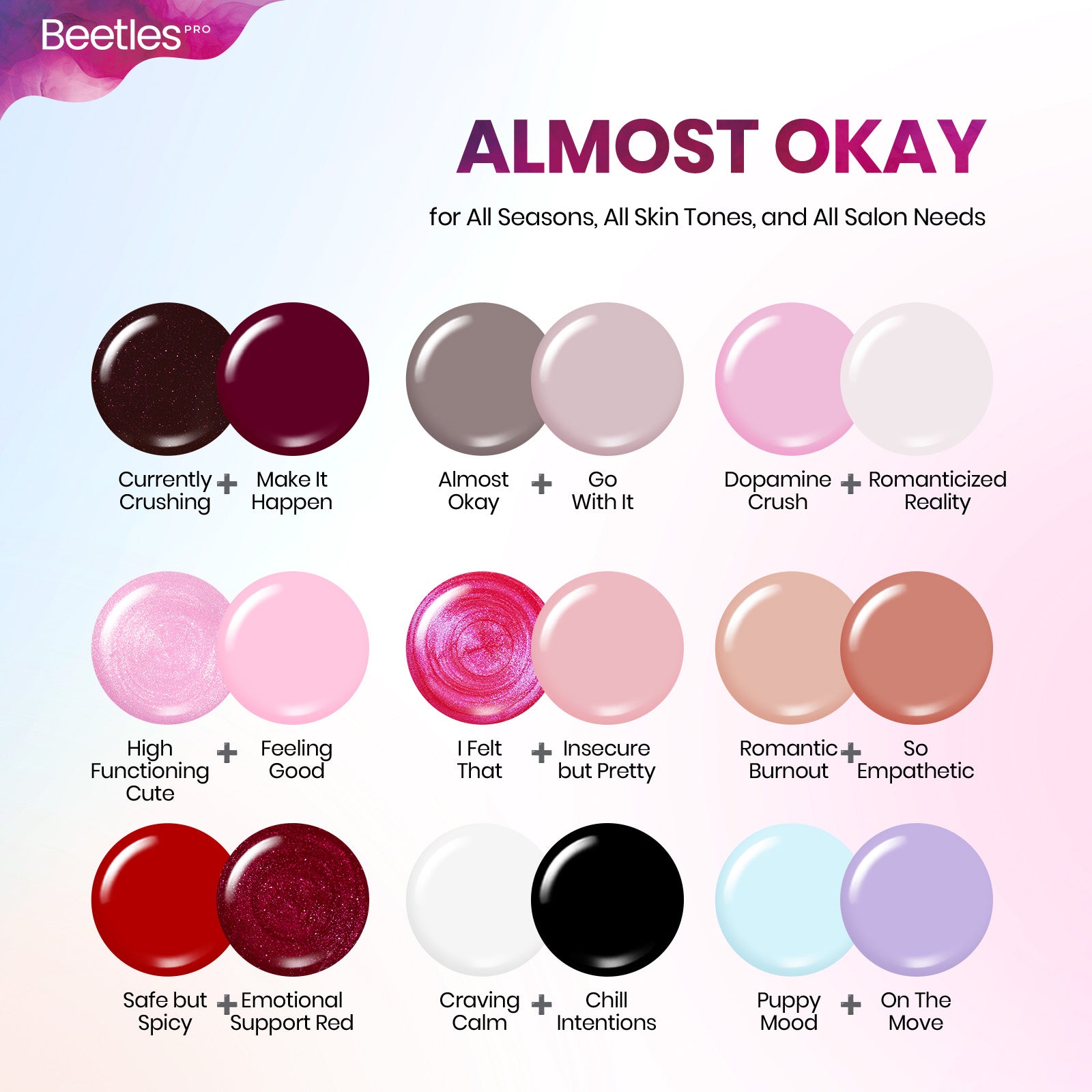Beetles Pro Almost Okay HEMA Free TPO Free 18 Colors Gel Nail Polish Set 15ml
