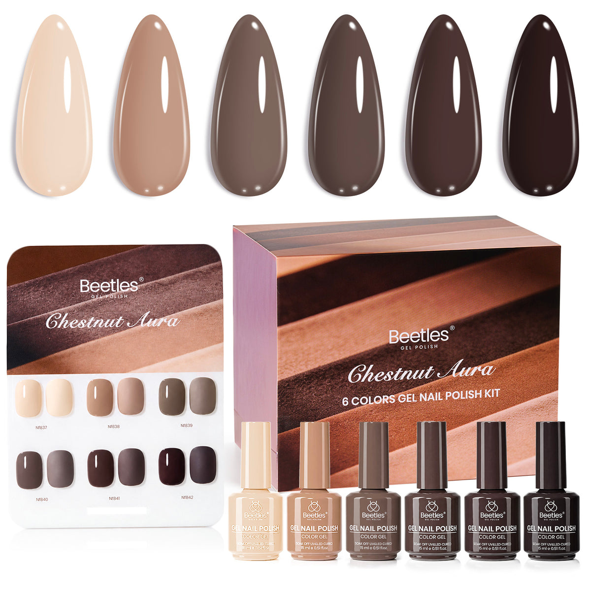 Beetles Chestnut Aura 6 Colors  Nude Brown Gel Polish Set HEMA-FREE & TPO-FREE Fall Winter Nails 15ML Each