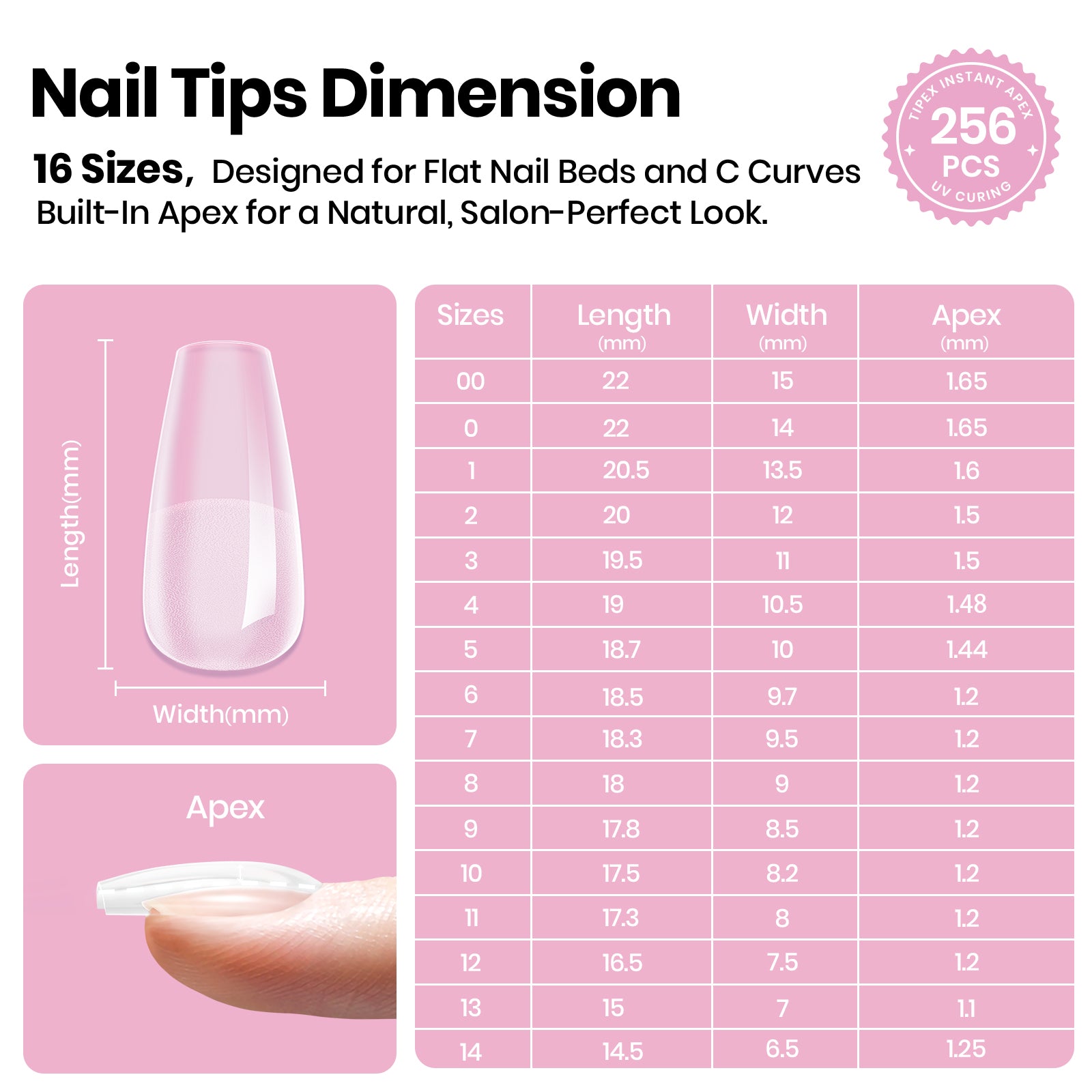 Beetles Stay Shinning Tipex Lite Instant Apex Nail Tips, Short Coffin, 256pcs 16 Sizes for DIY Salon-look Extensions