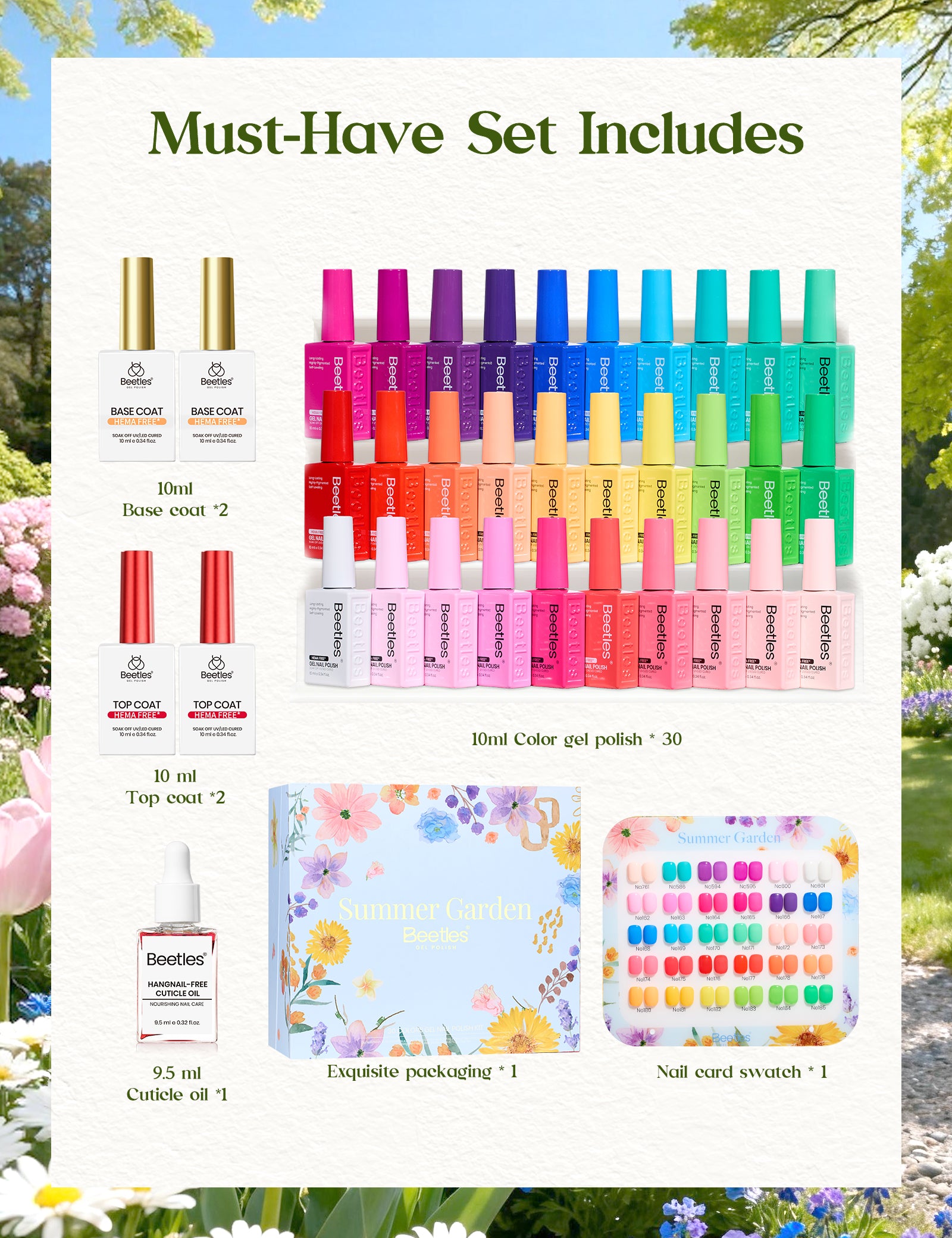 Summer Garden | 30 Trending Summer Colors HEMA Free With Top And Base Coat 10ml