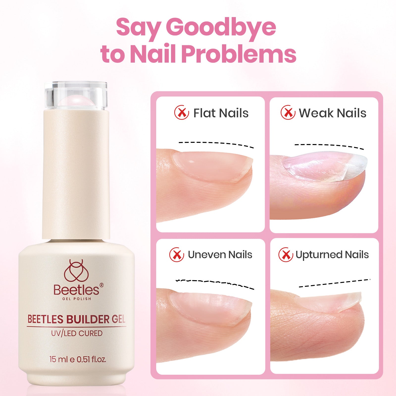 Beetles Builder Gel Nail Kit HEMA & TPO-Free, Petal Sheer Pink with Nail Art Brush, 8 in 1 for Building Strengthening & Extension, Beginner Friendly DIY Salon at Home, UV LED Lamp Needed