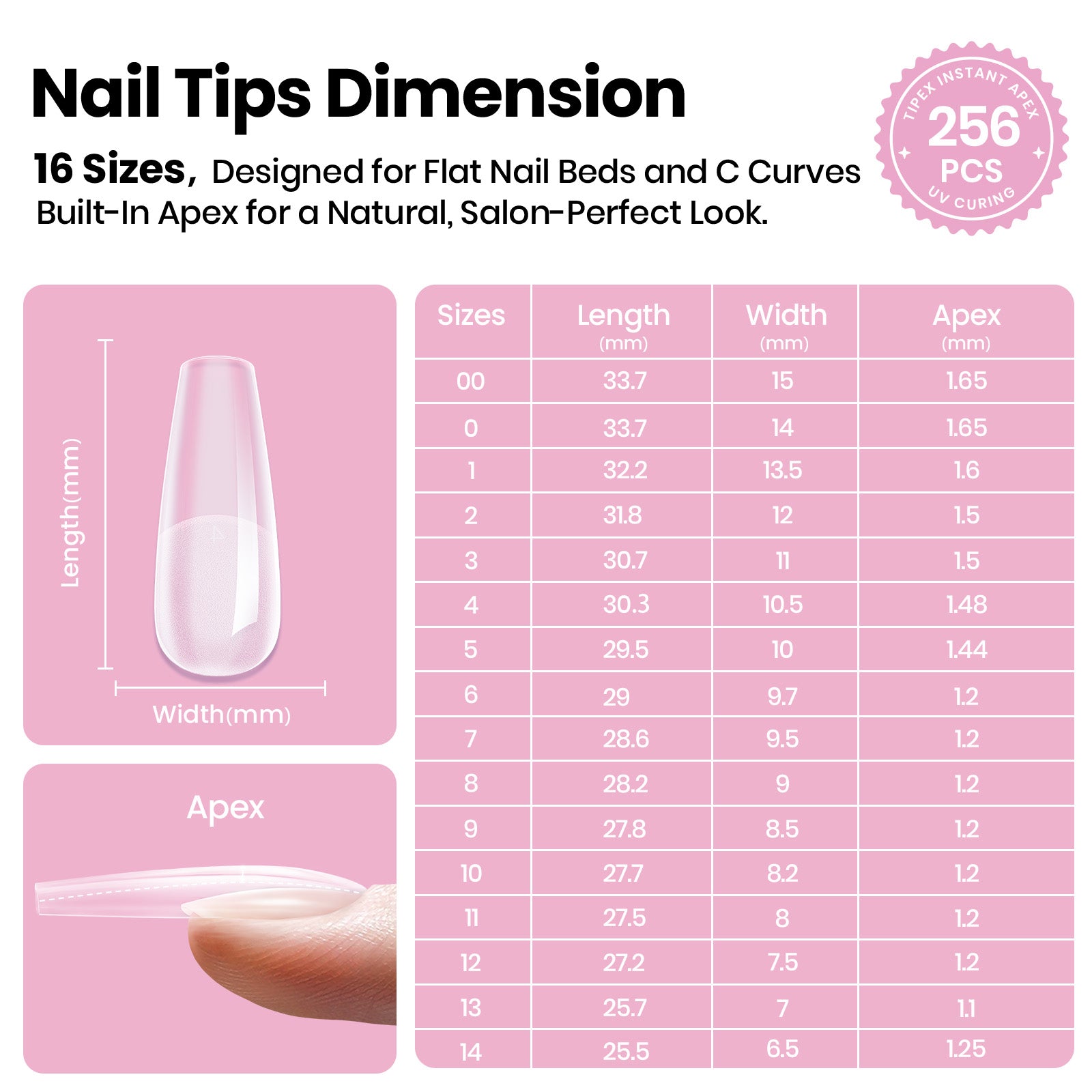 Beetles Stay Shinning Tipex Lite Instant Apex Nail Tips, Long Coffin, 256pcs 16 Sizes for DIY Salon-look Extensions