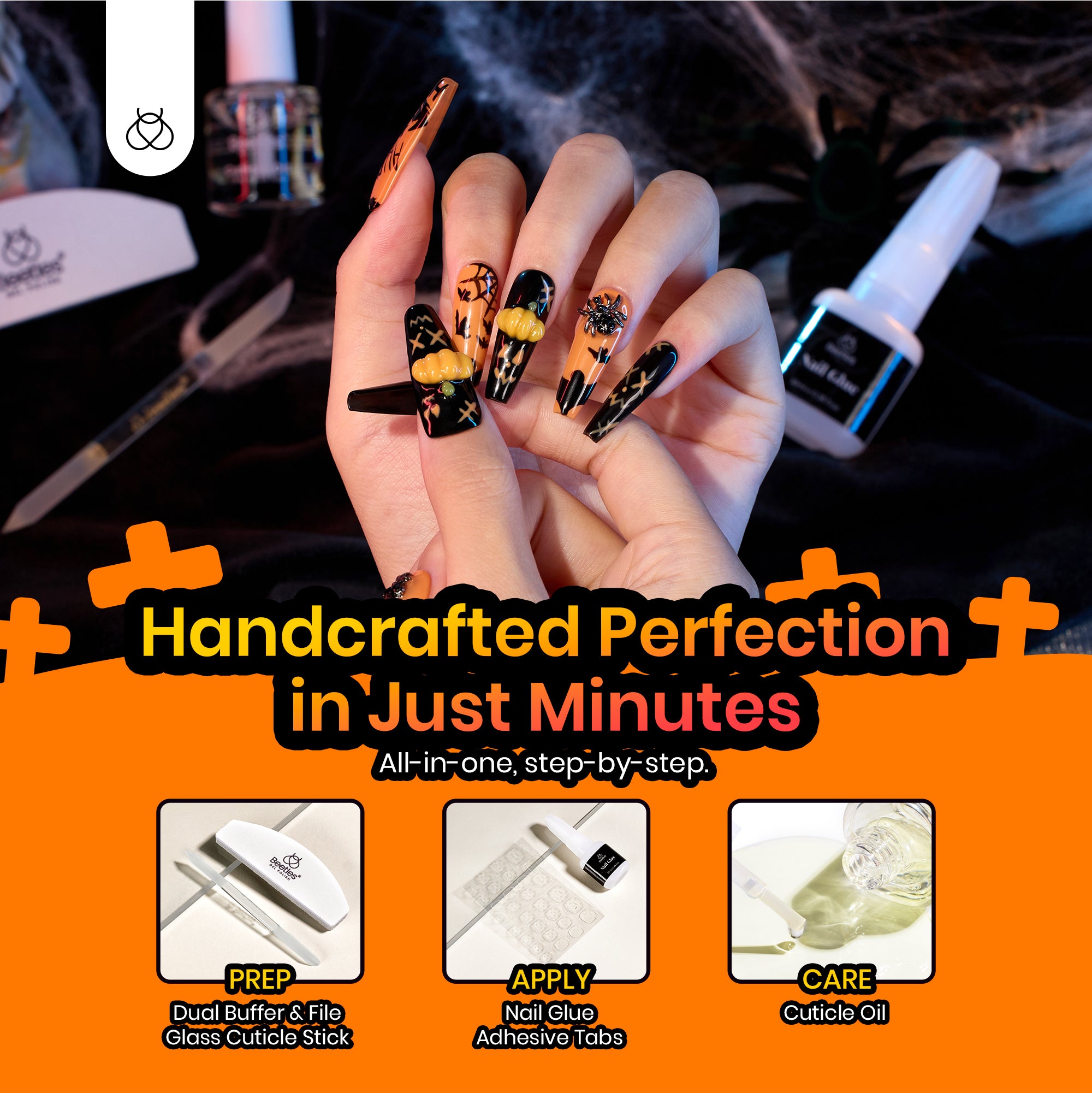 Helloween Pumpkin | Medium Coffin Press On Nails in 16 Sizes-32Pcs