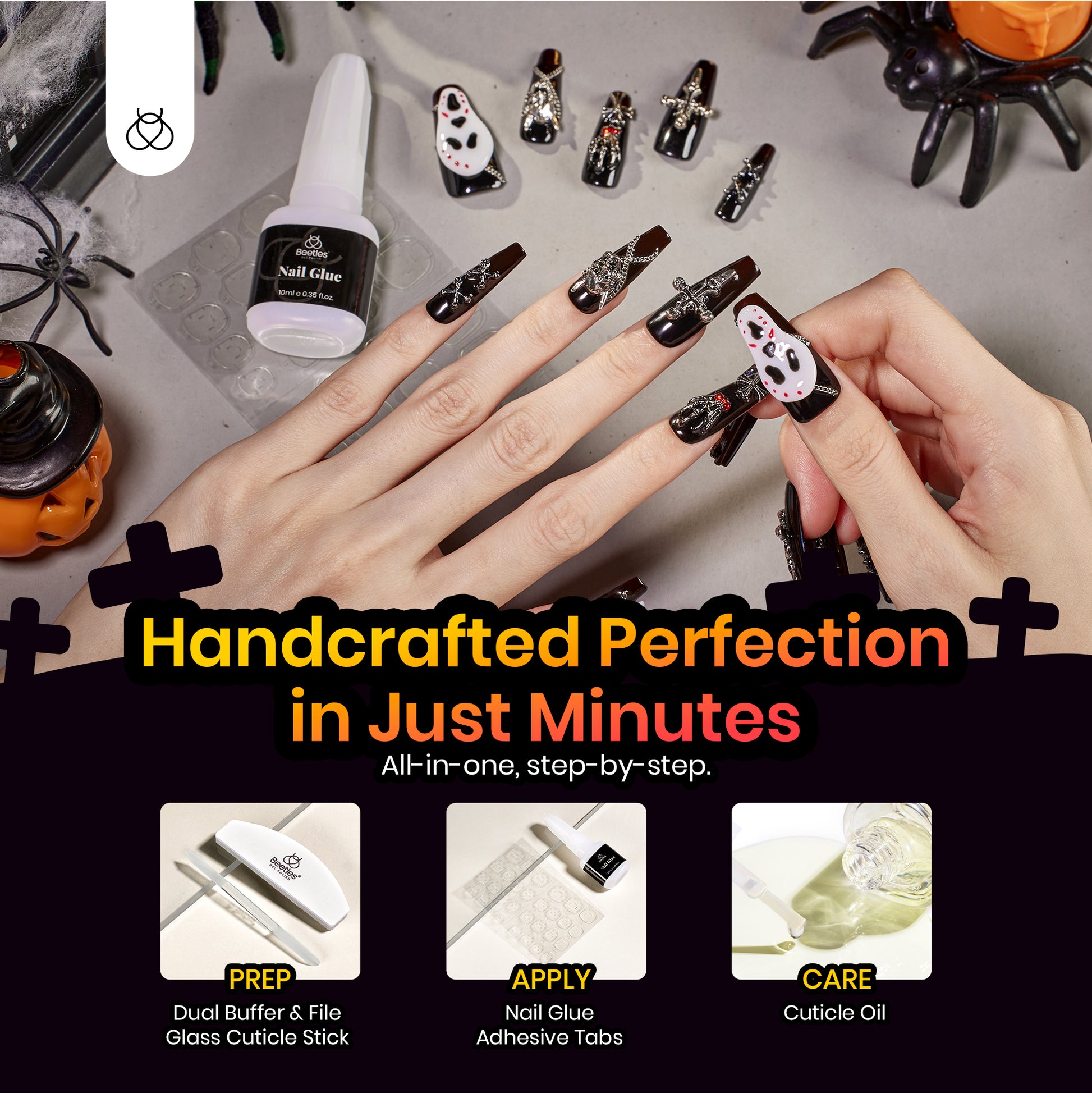 Helloween Black Ghost | Medium Coffin Press On Nails in 16 Sizes-32Pcs