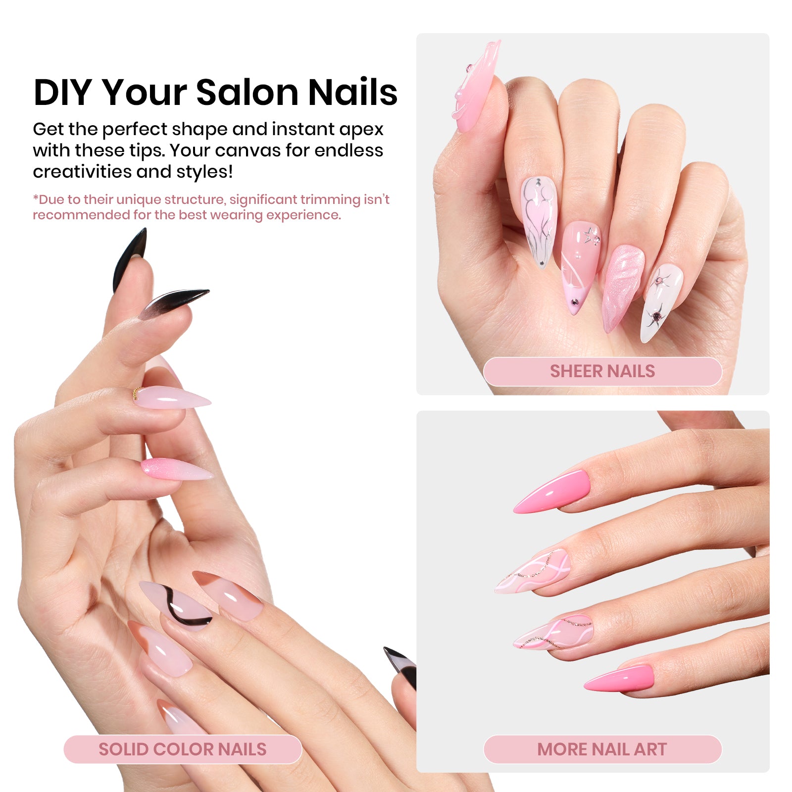 Beetles Pro Tipex Instant Apex Nail Tips, Medium Stiletto 512pcs, Thicker Strong Acrylic Tips for DIY Salon-look Extensions