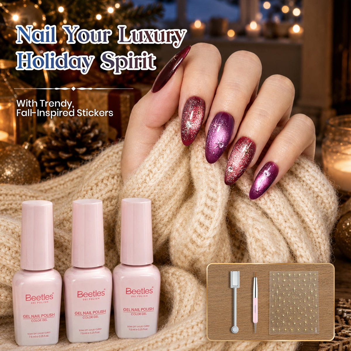 Beetles Courchevel Holiday Fall & Winter Nails 15 Colors Gel Nail Polish Set with Cat Eye Colors Halloween Nails