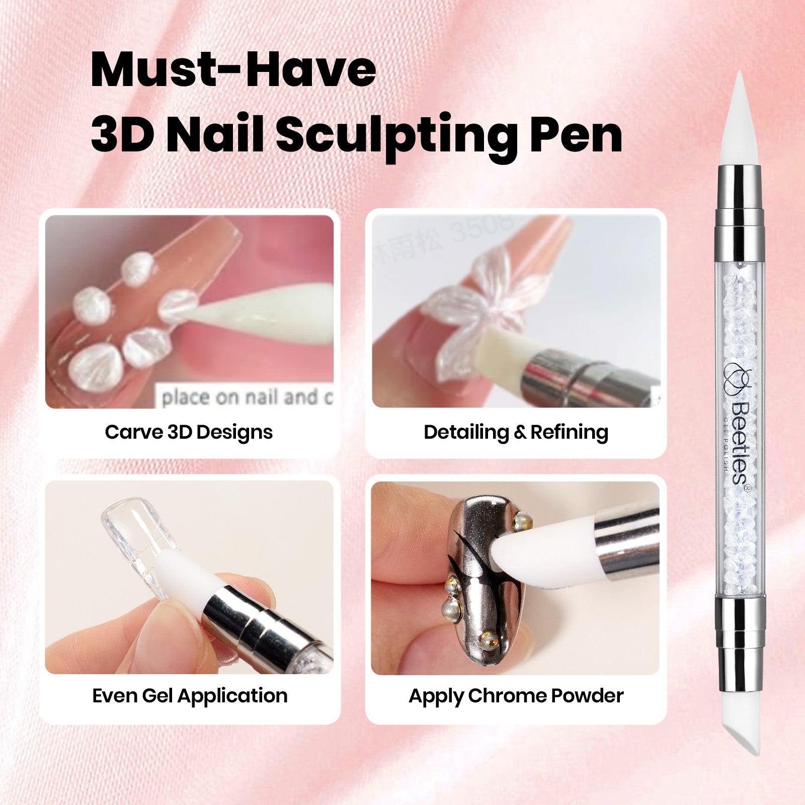 Beetles 3D Gel Nail Art-Ballet Whisper Pink Solid Builder Nail Gel Non-Sticky Sculpting with Dual-Ended Sculpture Pen & Stiletto Dual From, Beginner Friendly DIY at Home,UV LED Lamp Needed