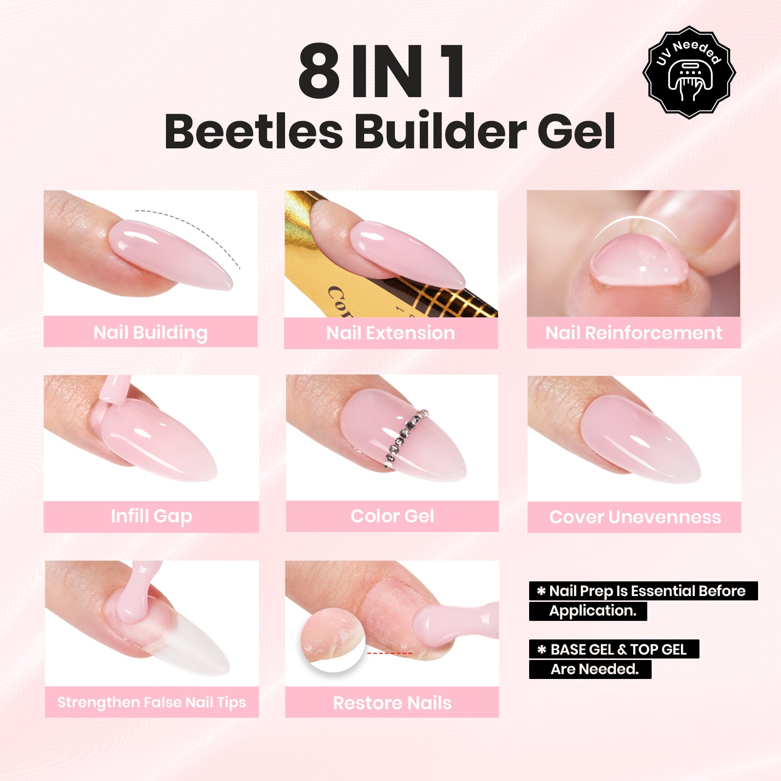 Beetles Builder Gel HEMA-Free,Nail Protection Trio Set 3 Pcs 8 in 1 Nail Strengthening Apex Building Extension for Beginner DIY Salon at Home,Clear Gel Builder with Base & Top Coat,UV & LED Cured