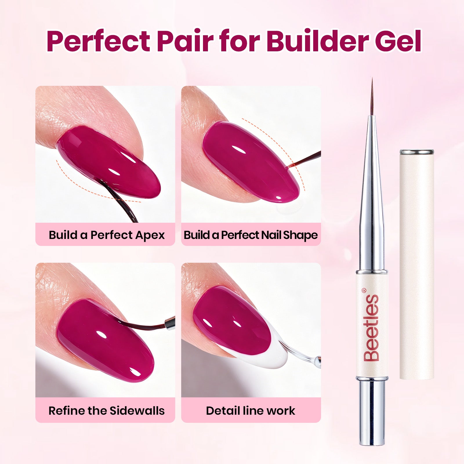 Beetles Builder Gel Nail Kit HEMA & TPO-Free, Rose Fuchsia Magenta with Nail Art Brush, 8 in 1 for Building Strengthening & Extension, Beginner Friendly DIY Salon at Home, UV LED Lamp Needed